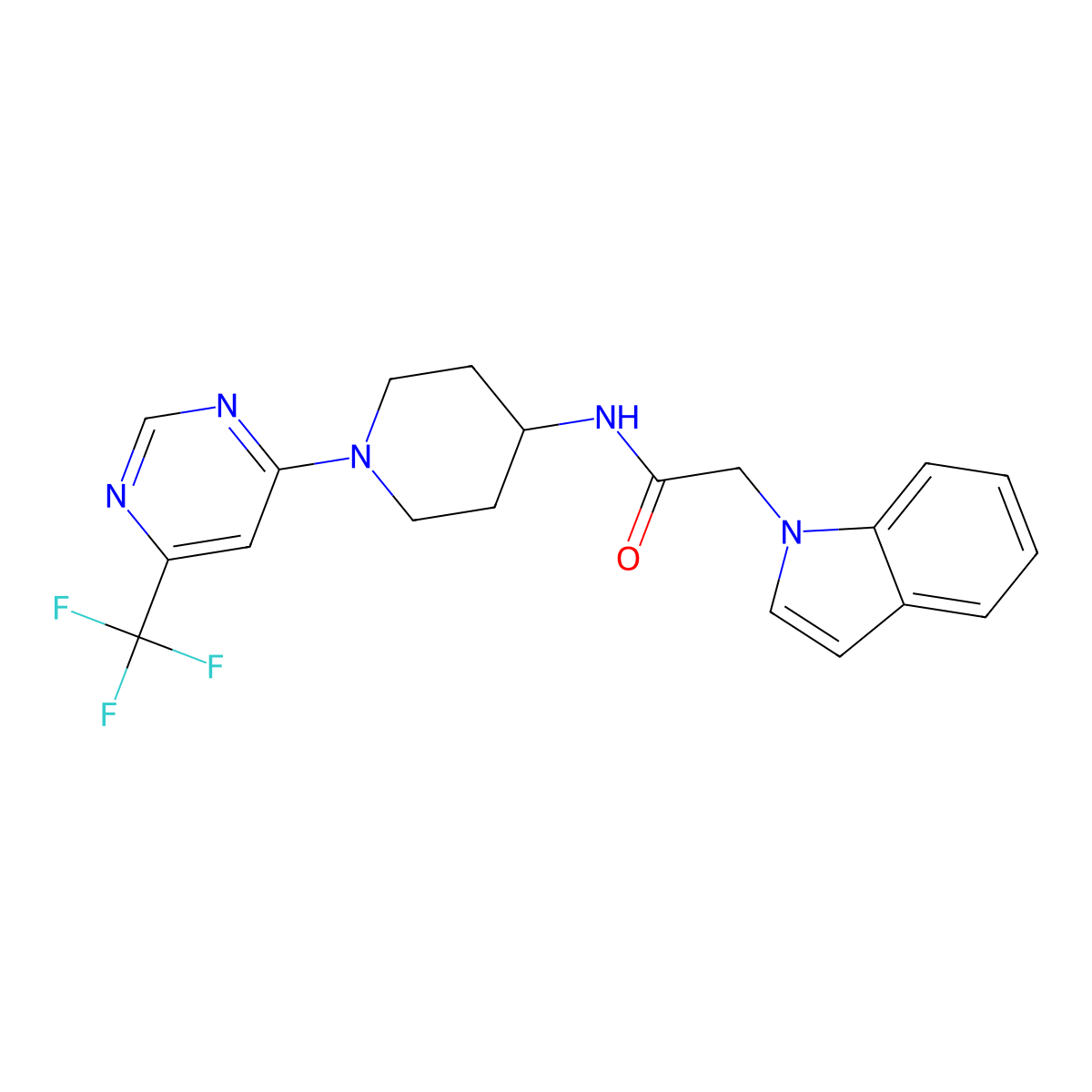 2-(1H-indol-1-yl)-N-{1-[6-(trifluoromethyl)pyrimidin-4-yl]piperidin-4-yl}acetamide molecular structure, CAS 2034347-82-3