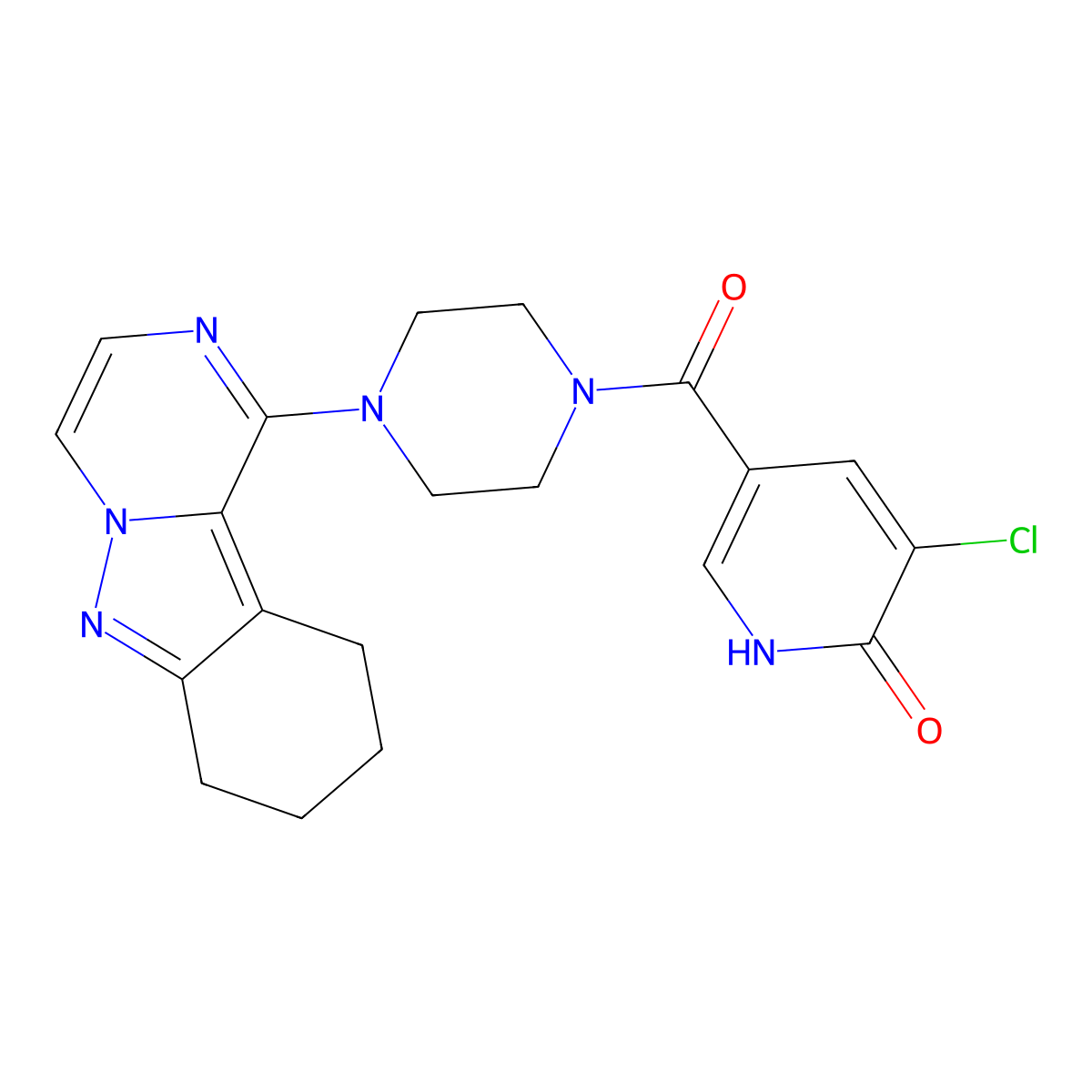 (5-Chloro-6-hydroxypyridin-3-yl)(4-(7,8,9,10-tetrahydropyrazino[1,2-b]indazol-1-yl)piperazin-1-yl)methanone molecular structure, CAS 2034347-85-6