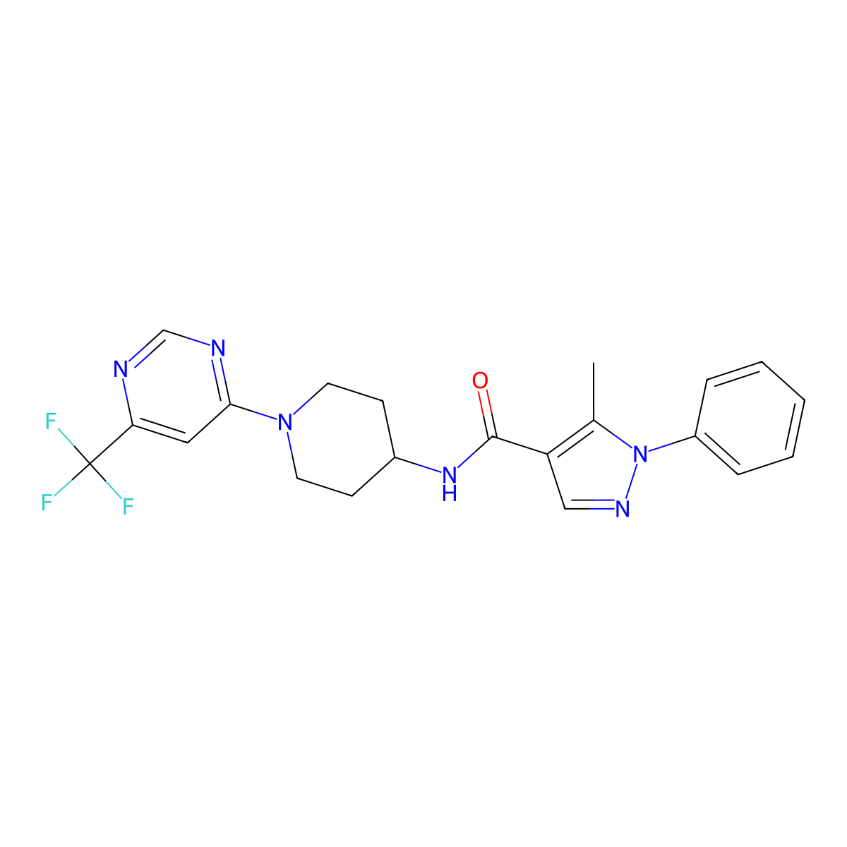 5-methyl-1-phenyl-N-{1-[6-(trifluoromethyl)pyrimidin-4-yl]piperidin-4-yl}-1H-pyrazole-4-carboxamide molecular structure, CAS 2034347-89-0