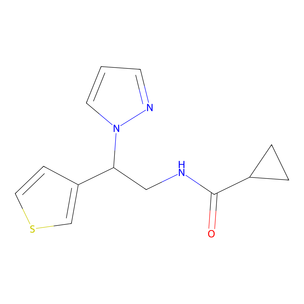 N-[2-(1H-pyrazol-1-yl)-2-(thiophen-3-yl)ethyl]cyclopropanecarboxamide molecular structure, CAS 2034347-92-5