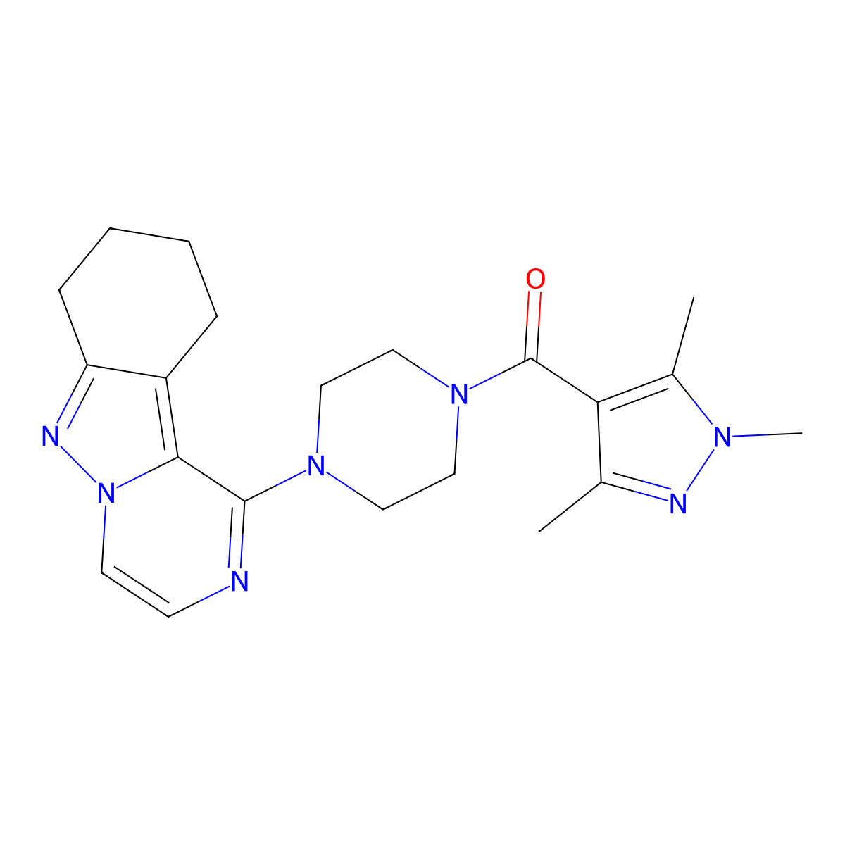 (4-(7,8,9,10-tetrahydropyrazino[1,2-b]indazol-1-yl)piperazin-1-yl)(1,3,5-trimethyl-1H-pyrazol-4-yl)methanone molecular structure, CAS 2034347-93-6
