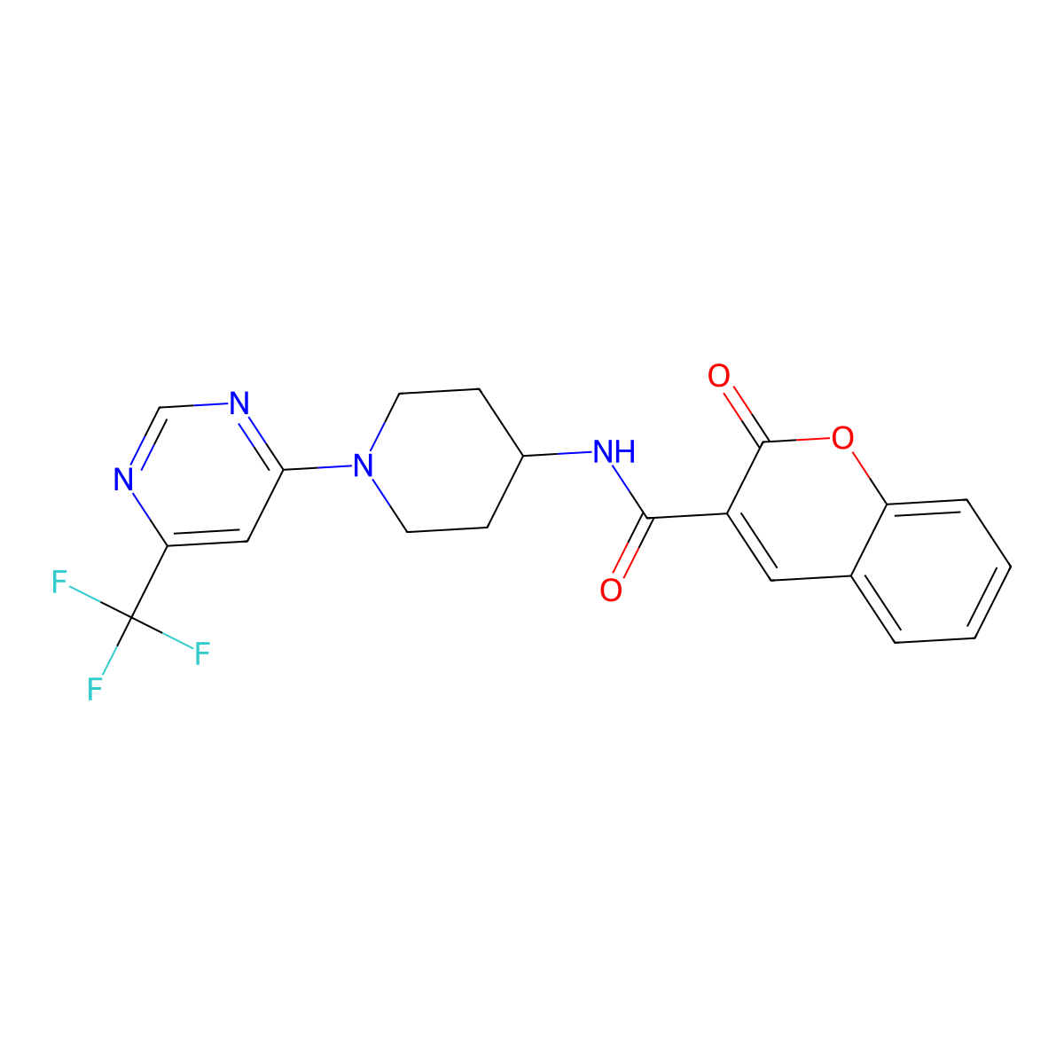 2-oxo-N-(1-(6-(trifluoromethyl)pyrimidin-4-yl)piperidin-4-yl)-2H-chromene-3-carboxamide molecular structure, CAS 2034347-96-9