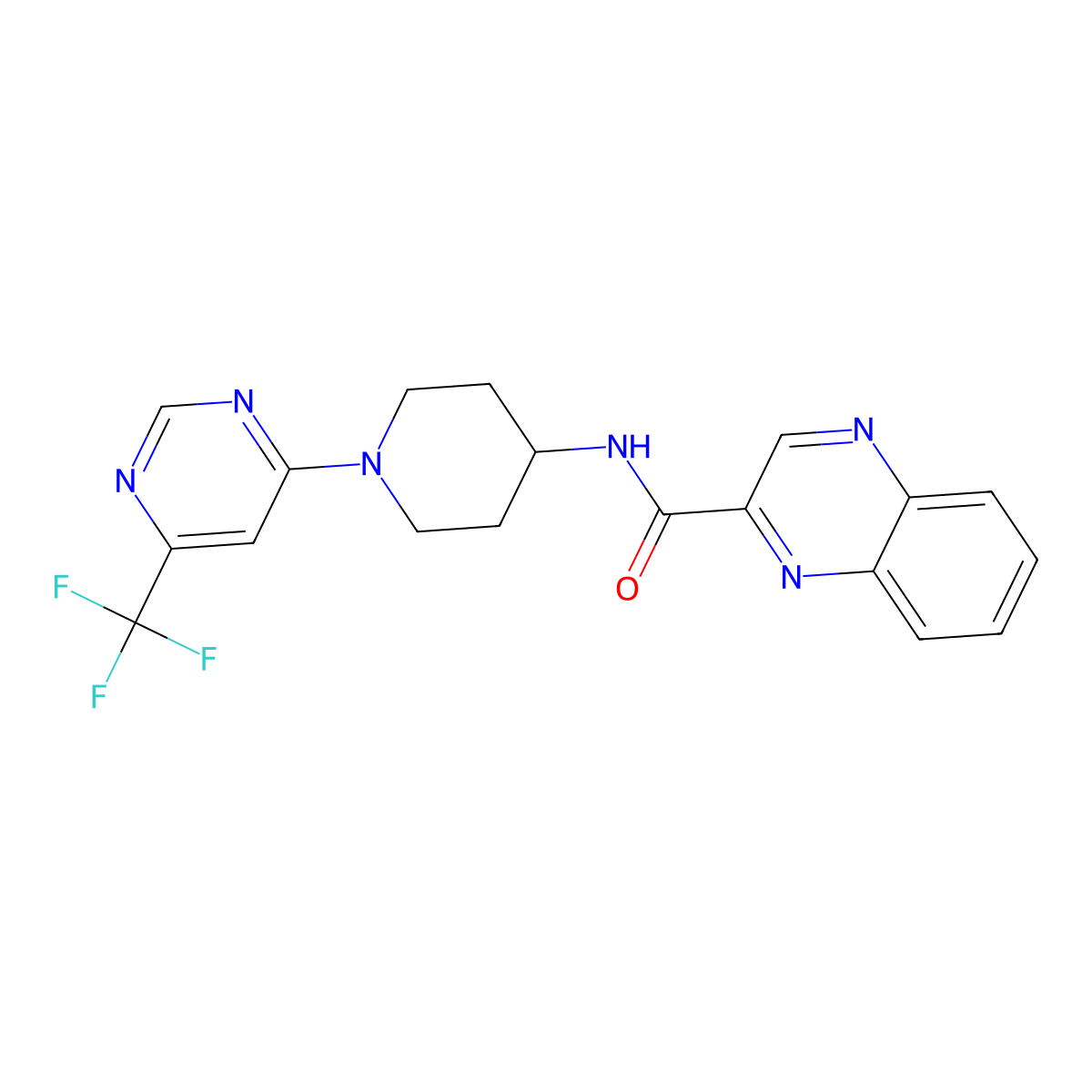 N-{1-[6-(trifluoromethyl)pyrimidin-4-yl]piperidin-4-yl}quinoxaline-2-carboxamide molecular structure, CAS 2034348-04-2