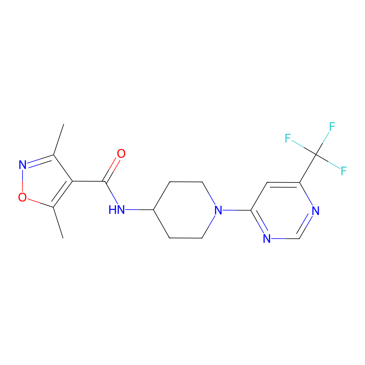 3,5-dimethyl-N-(1-(6-(trifluoromethyl)pyrimidin-4-yl)piperidin-4-yl)isoxazole-4-carboxamide molecular structure, CAS 2034348-11-1
