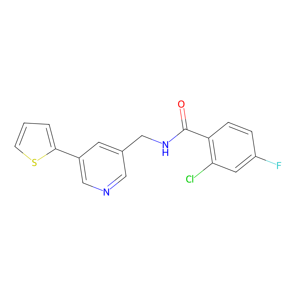 2-chloro-4-fluoro-N-{[5-(thiophen-2-yl)pyridin-3-yl]methyl}benzamide molecular structure, CAS 2034348-12-2