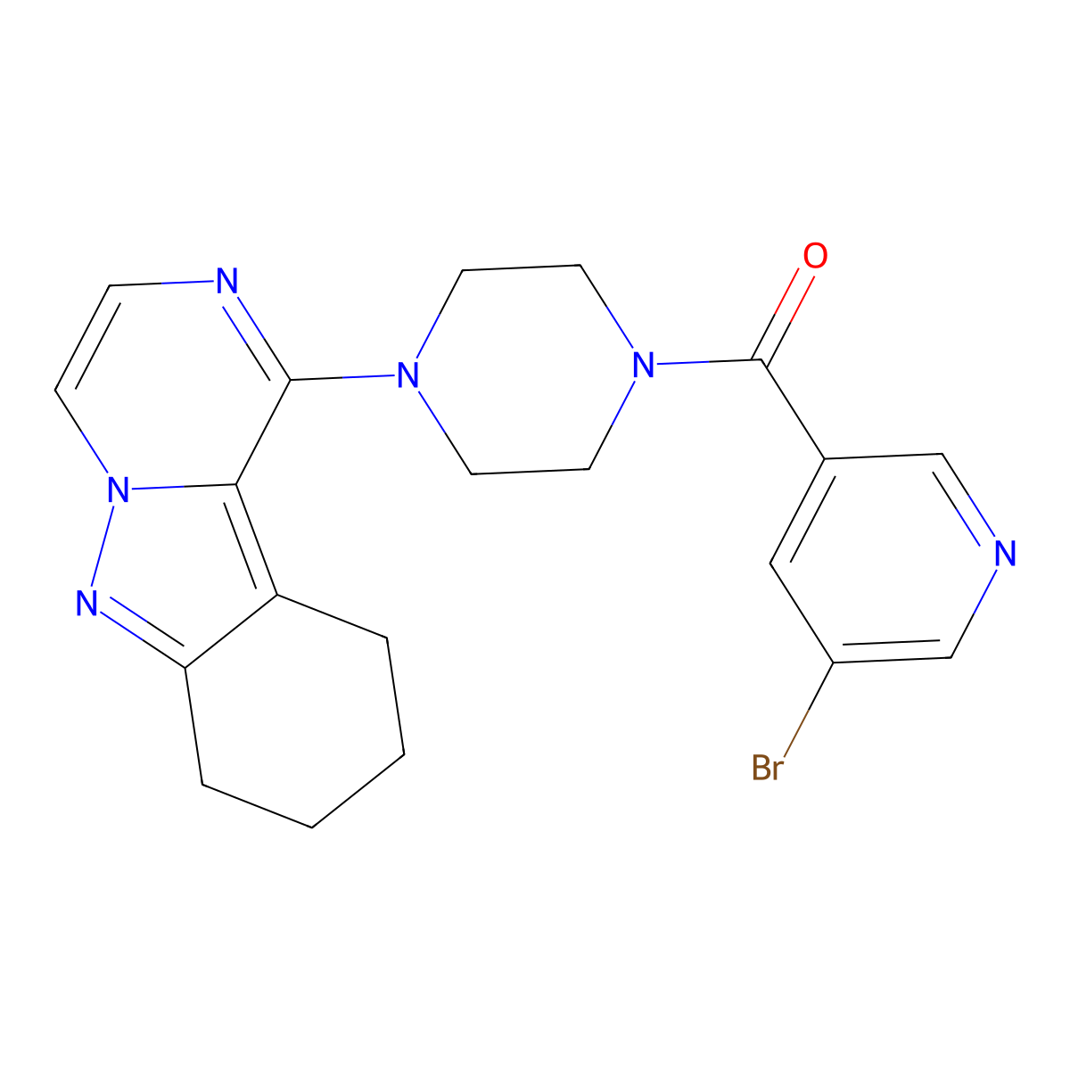 (5-Bromopyridin-3-yl)(4-(7,8,9,10-tetrahydropyrazino[1,2-b]indazol-1-yl)piperazin-1-yl)methanone molecular structure, CAS 2034348-16-6