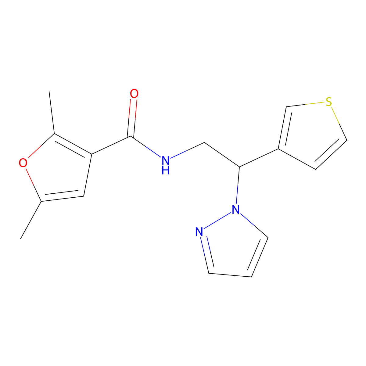 N-(2-(1H-pyrazol-1-yl)-2-(thiophen-3-yl)ethyl)-2,5-dimethylfuran-3-carboxamide molecular structure, CAS 2034348-23-5