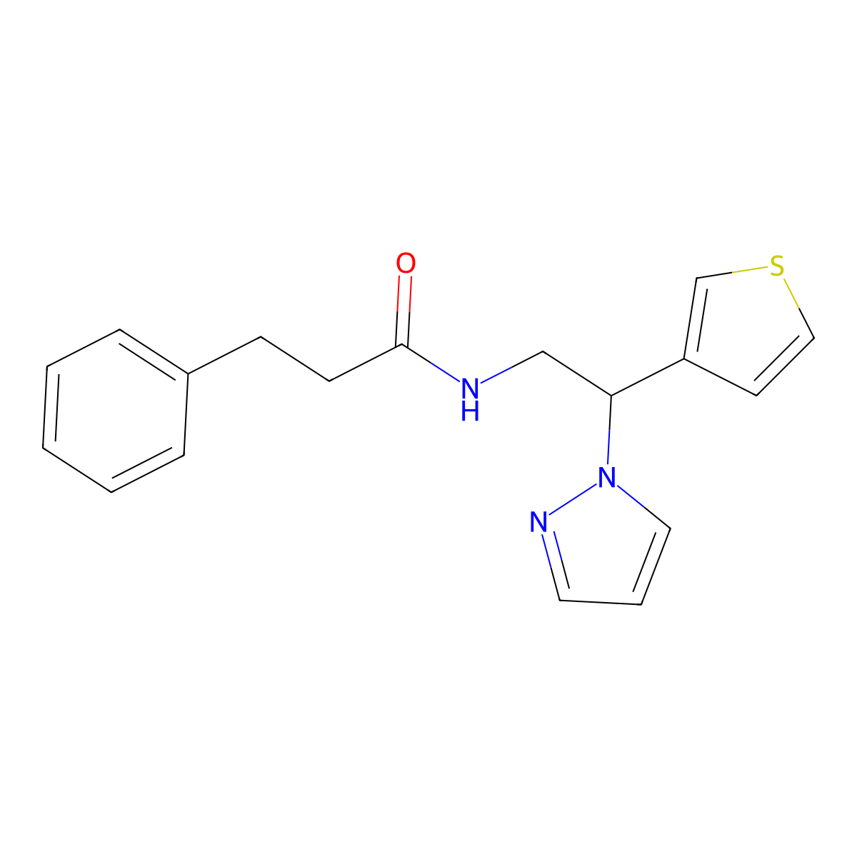 N-(2-(1H-pyrazol-1-yl)-2-(thiophen-3-yl)ethyl)-3-phenylpropanamide molecular structure, CAS 2034348-28-0