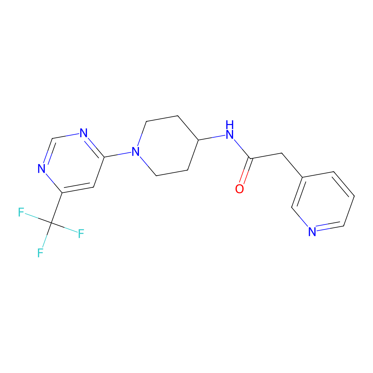 2-(pyridin-3-yl)-N-{1-[6-(trifluoromethyl)pyrimidin-4-yl]piperidin-4-yl}acetamide molecular structure, CAS 2034348-40-6