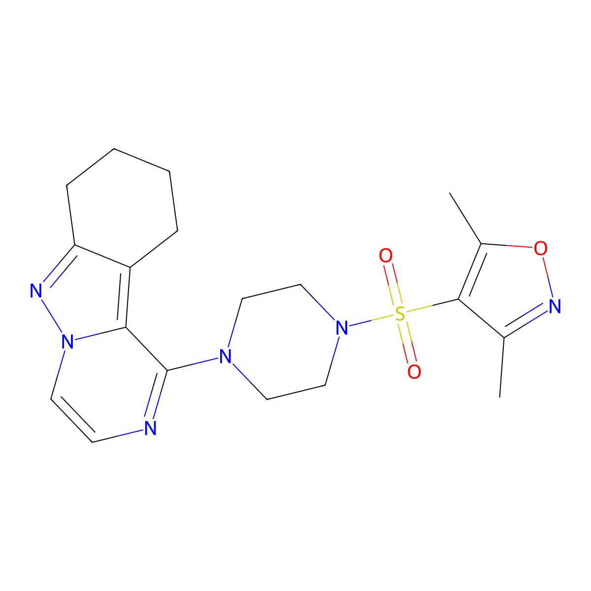 3,5-Dimethyl-4-((4-(7,8,9,10-tetrahydropyrazino[1,2-b]indazol-1-yl)piperazin-1-yl)sulfonyl)isoxazole molecular structure, CAS 2034348-41-7