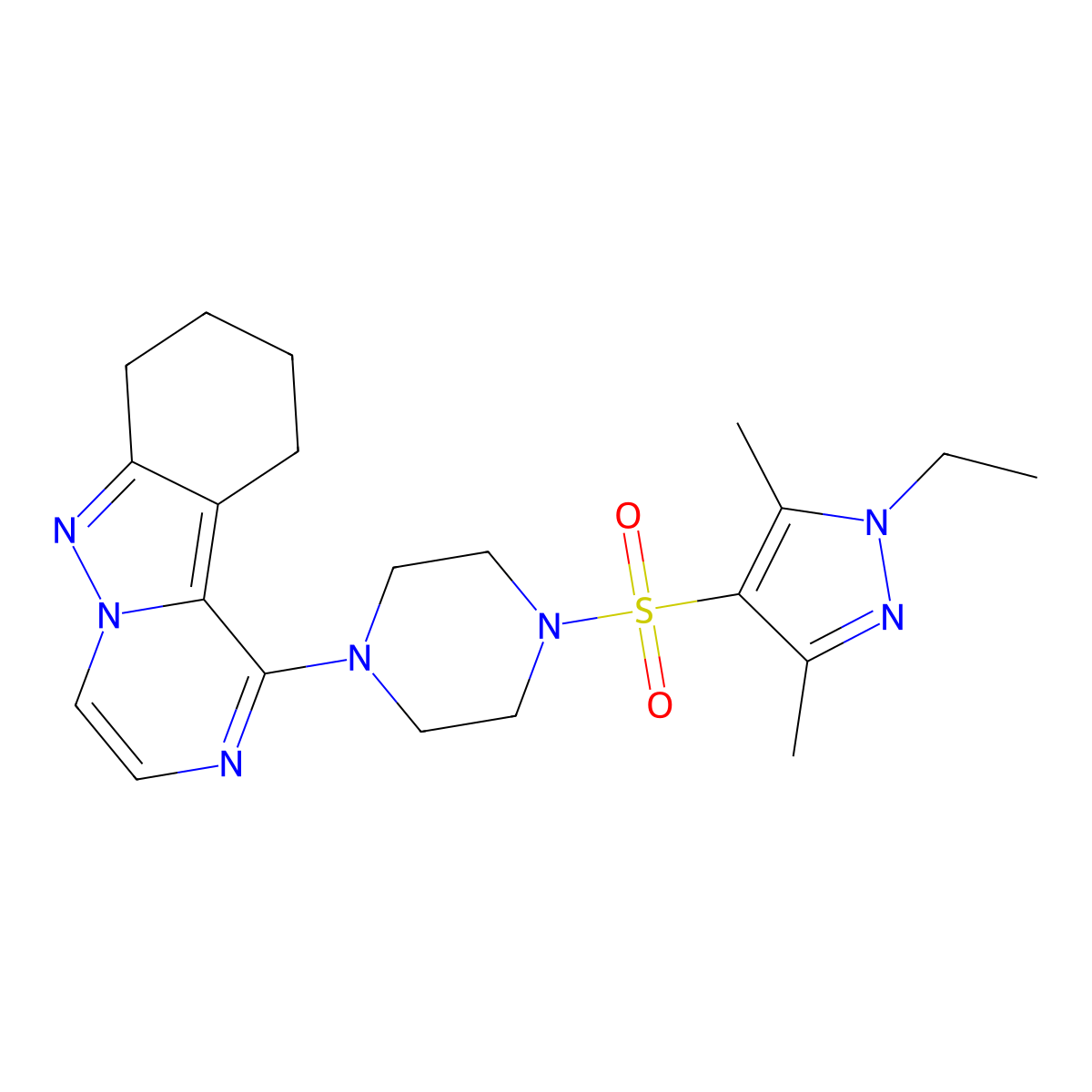 1-(4-((1-ethyl-3,5-dimethyl-1H-pyrazol-4-yl)sulfonyl)piperazin-1-yl)-7,8,9,10-tetrahydropyrazino[1,2-b]indazole molecular structure, CAS 2034348-47-3