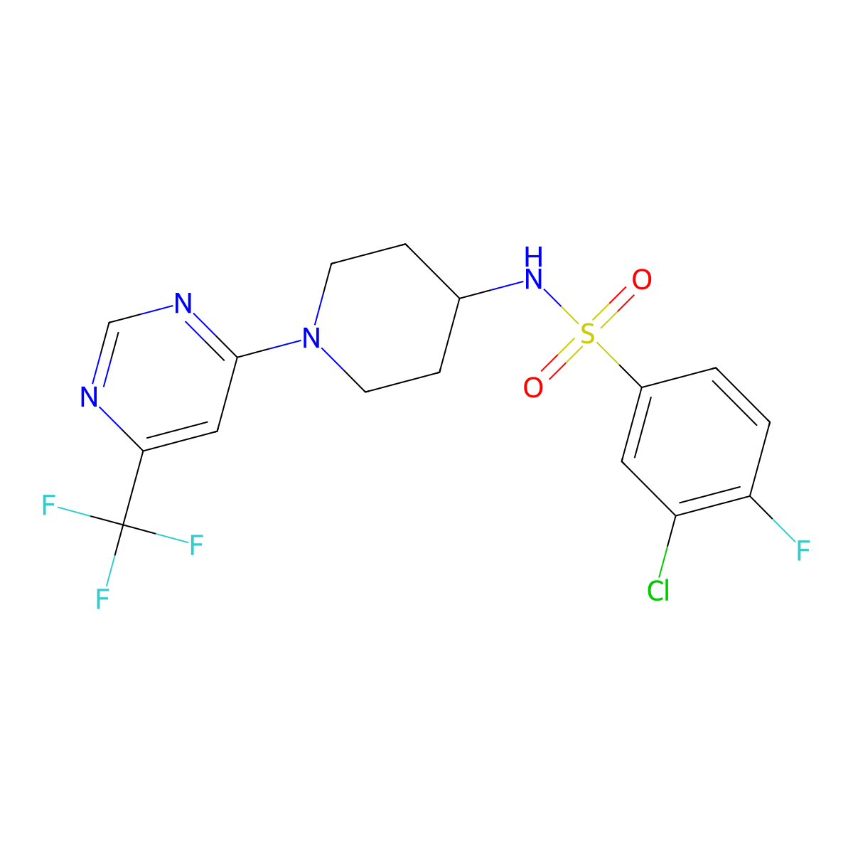 3-chloro-4-fluoro-N-(1-(6-(trifluoromethyl)pyrimidin-4-yl)piperidin-4-yl)benzenesulfonamide molecular structure, CAS 2034348-49-5