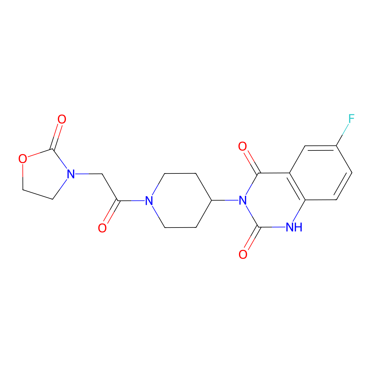 6-fluoro-3-(1-(2-(2-oxooxazolidin-3-yl)acetyl)piperidin-4-yl)quinazoline-2,4(1H,3H)-dione molecular structure, CAS 2034348-59-7