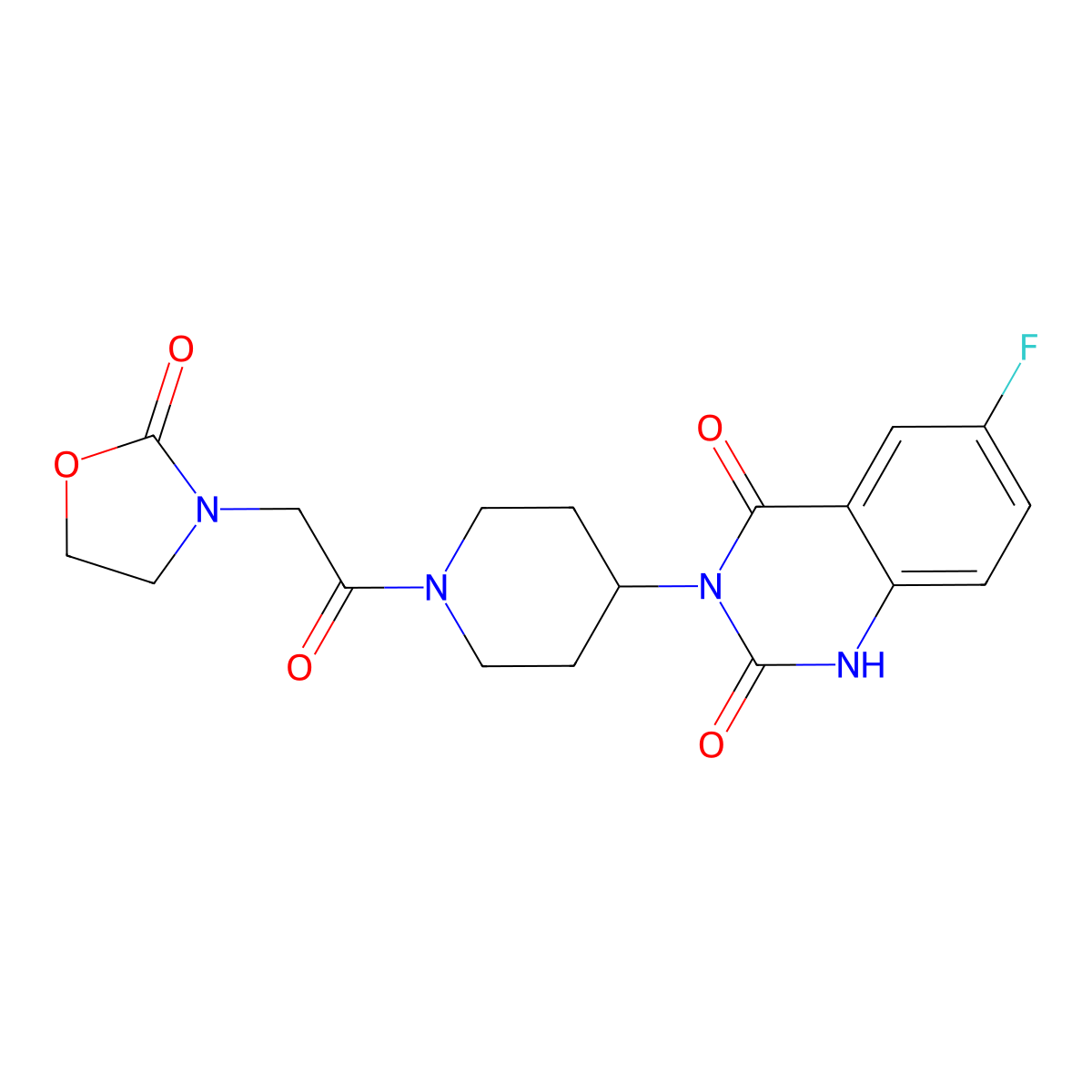 6-fluoro-3-(1-(2-(2-oxooxazolidin-3-yl)acetyl)piperidin-4-yl)quinazoline-2,4(1H,3H)-dione molecular structure, CAS 2034348-59-7