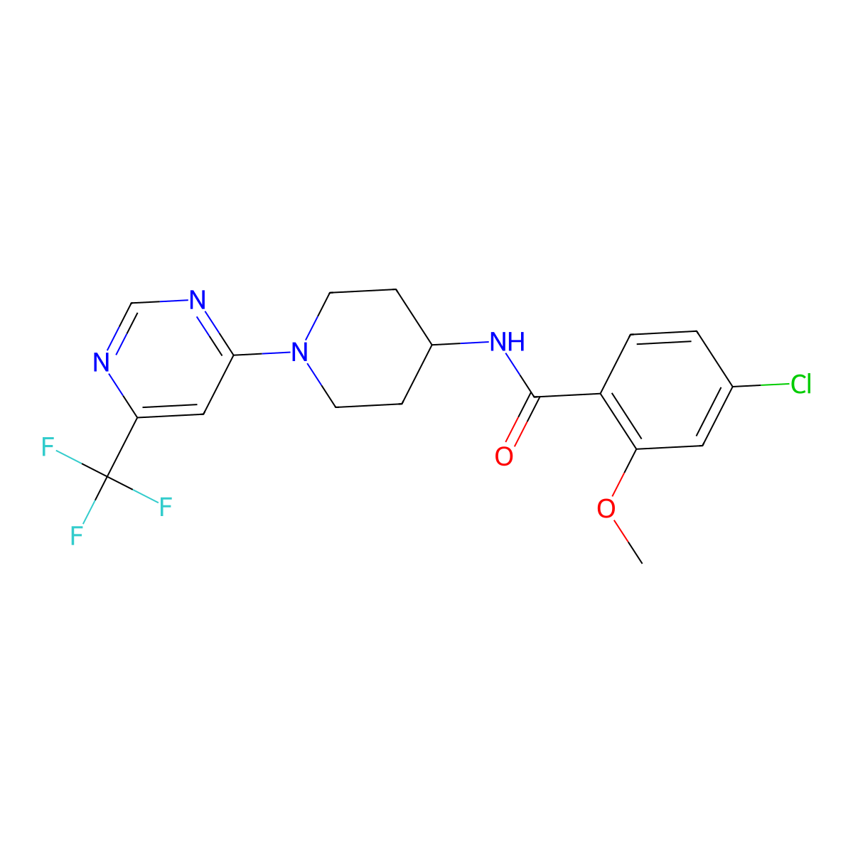 4-chloro-2-methoxy-N-(1-(6-(trifluoromethyl)pyrimidin-4-yl)piperidin-4-yl)benzamide molecular structure, CAS 2034348-70-2