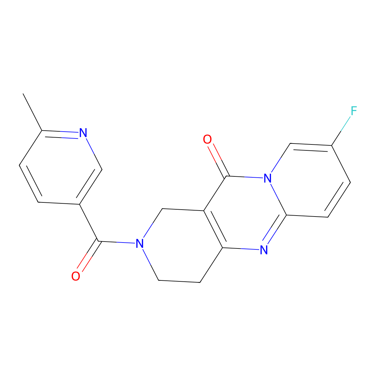 8-fluoro-2-(6-methylnicotinoyl)-3,4-dihydro-1H-dipyrido[1,2-a:4',3'-d]pyrimidin-11(2H)-one molecular structure, CAS 2034348-71-3