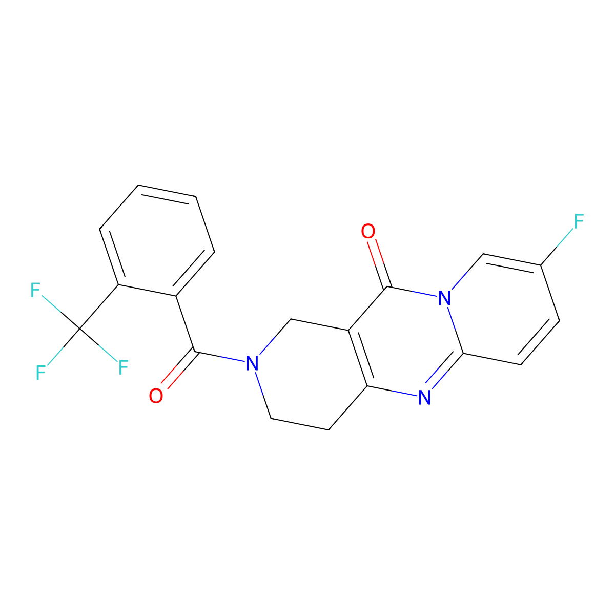8-fluoro-2-(2-(trifluoromethyl)benzoyl)-3,4-dihydro-1H-dipyrido[1,2-a:4',3'-d]pyrimidin-11(2H)-one molecular structure, CAS 2034348-74-6