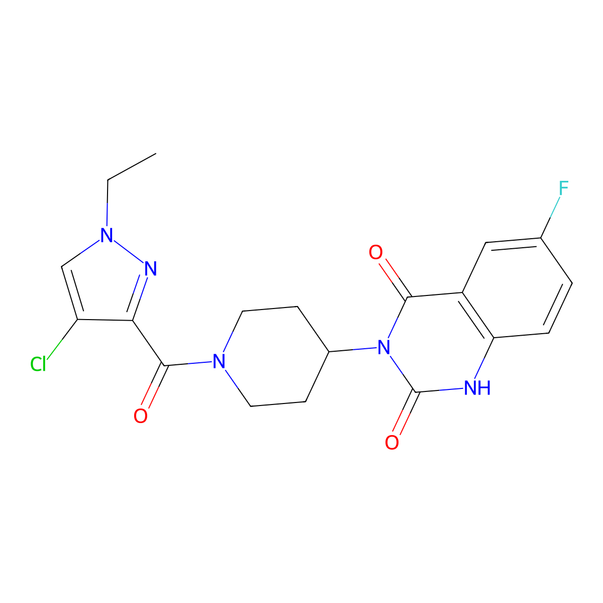 3-(1-(4-chloro-1-ethyl-1H-pyrazole-3-carbonyl)piperidin-4-yl)-6-fluoroquinazoline-2,4(1H,3H)-dione molecular structure, CAS 2034348-75-7