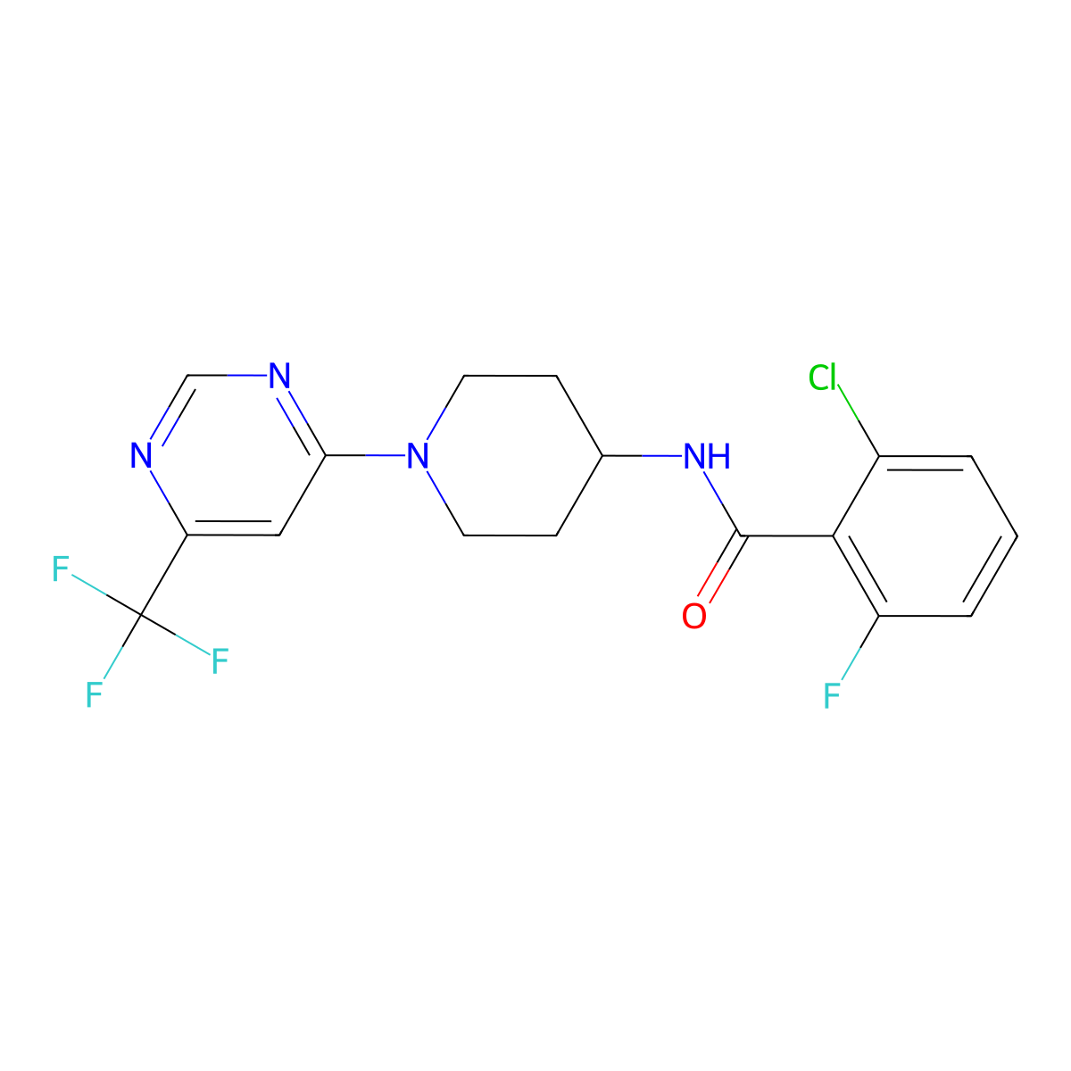 2-chloro-6-fluoro-N-(1-(6-(trifluoromethyl)pyrimidin-4-yl)piperidin-4-yl)benzamide molecular structure, CAS 2034348-76-8
