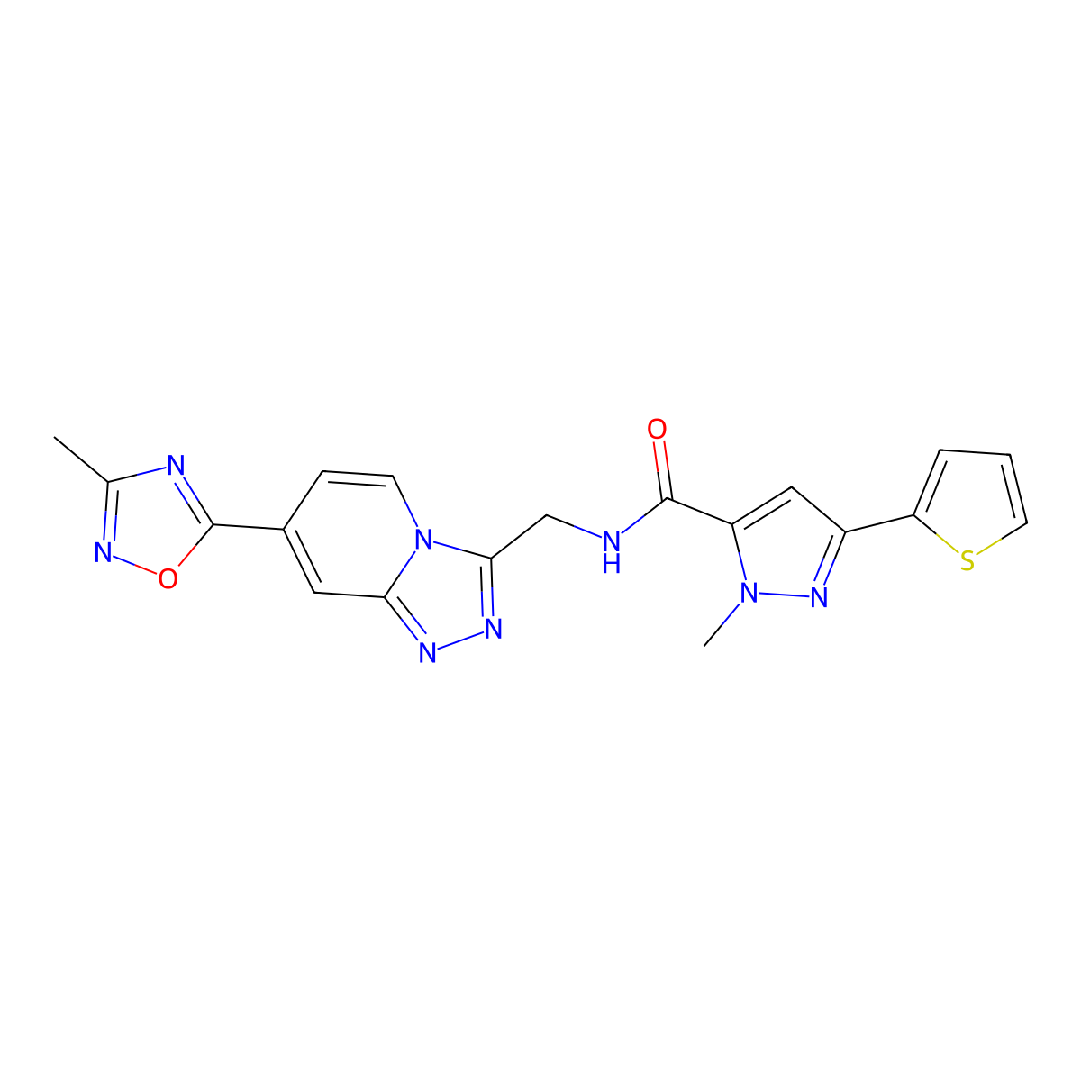 1-methyl-N-((7-(3-methyl-1,2,4-oxadiazol-5-yl)-[1,2,4]triazolo[4,3-a]pyridin-3-yl)methyl)-3-(thiophen-2-yl)-1H-pyrazole-5-carboxamide molecular structure, CAS 2034348-92-8
