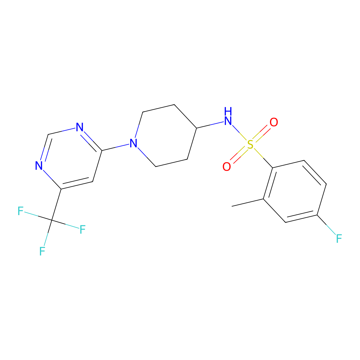 4-fluoro-2-methyl-N-(1-(6-(trifluoromethyl)pyrimidin-4-yl)piperidin-4-yl)benzenesulfonamide molecular structure, CAS 2034348-93-9