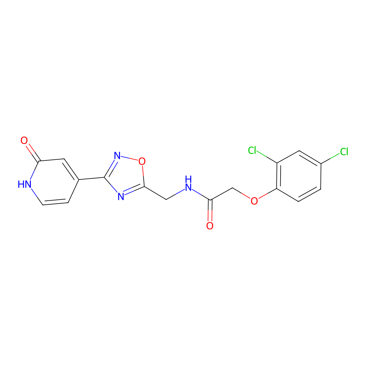 2-(2,4-dichlorophenoxy)-N-((3-(2-oxo-1,2-dihydropyridin-4-yl)-1,2,4-oxadiazol-5-yl)methyl)acetamide molecular structure, CAS 2034349-16-9