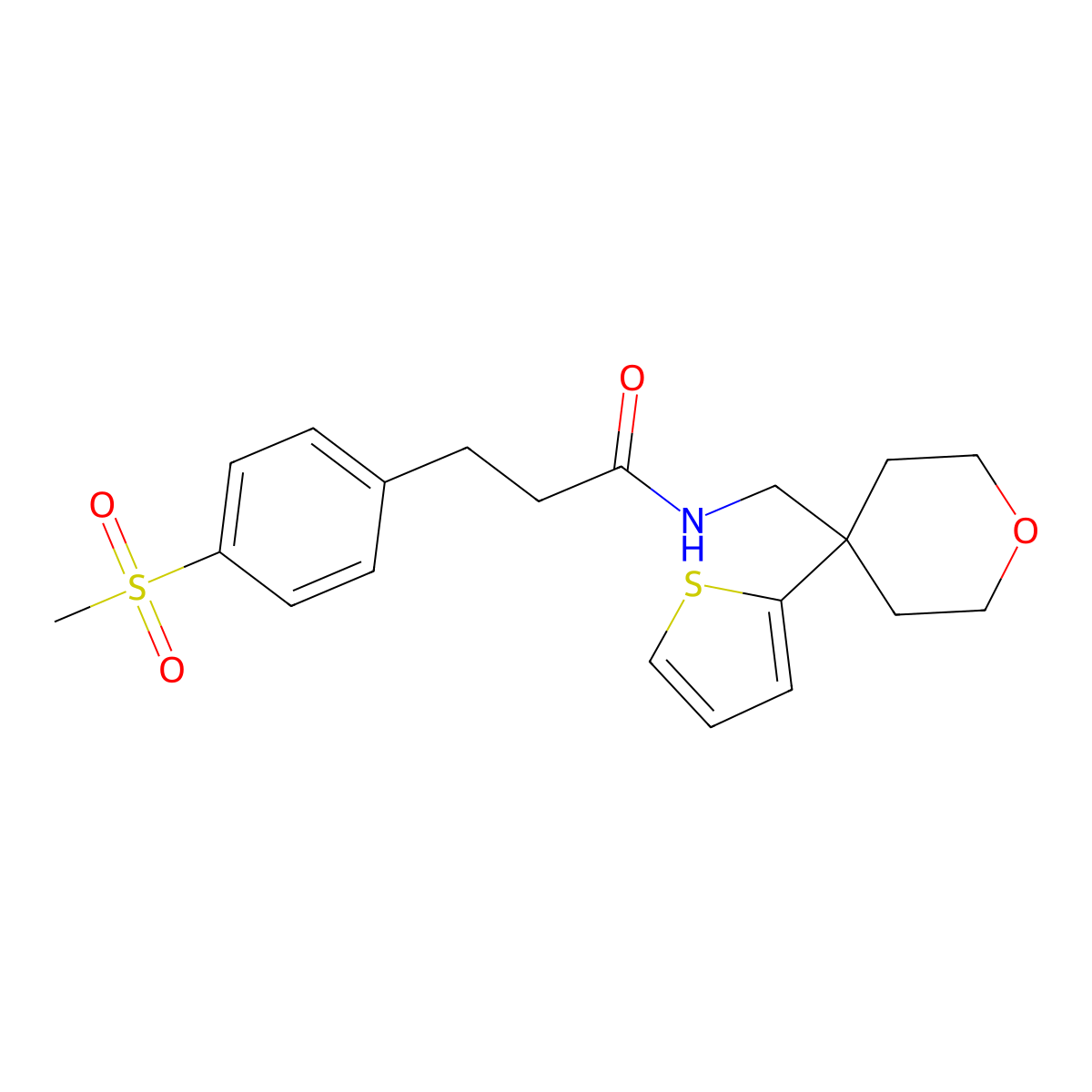 3-(4-(methylsulfonyl)phenyl)-N-((4-(thiophen-2-yl)tetrahydro-2H-pyran-4-yl)methyl)propanamide molecular structure, CAS 2034349-29-4