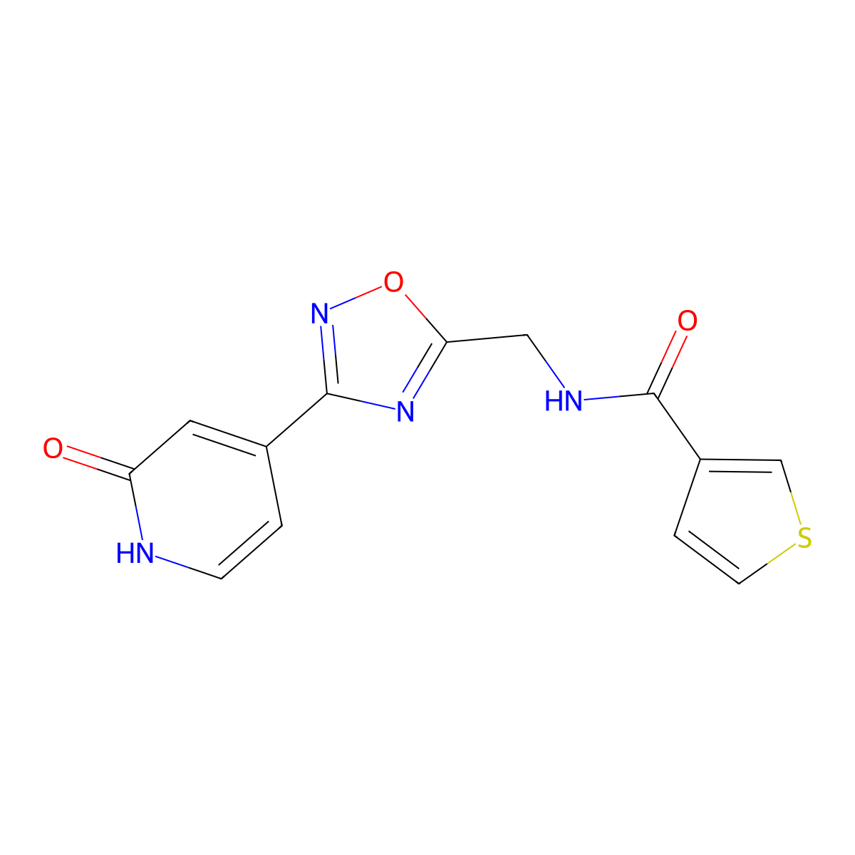 N-((3-(2-oxo-1,2-dihydropyridin-4-yl)-1,2,4-oxadiazol-5-yl)methyl)thiophene-3-carboxamide molecular structure, CAS 2034349-46-5