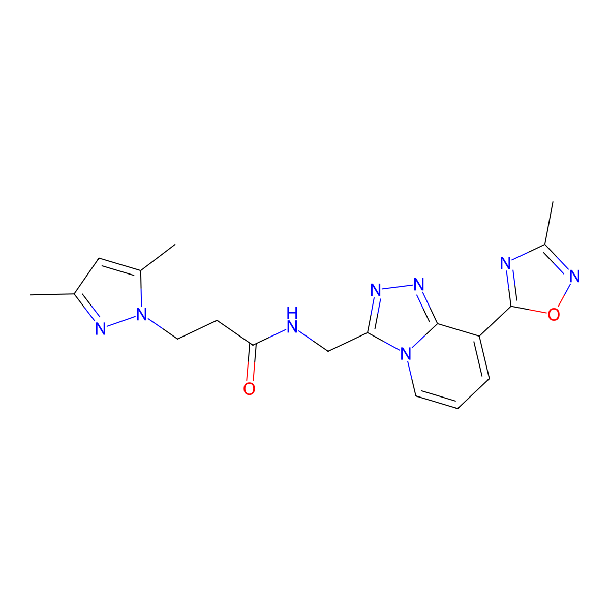 3-(3,5-dimethyl-1H-pyrazol-1-yl)-N-((8-(3-methyl-1,2,4-oxadiazol-5-yl)-[1,2,4]triazolo[4,3-a]pyridin-3-yl)methyl)propanamide molecular structure, CAS 2034349-74-9
