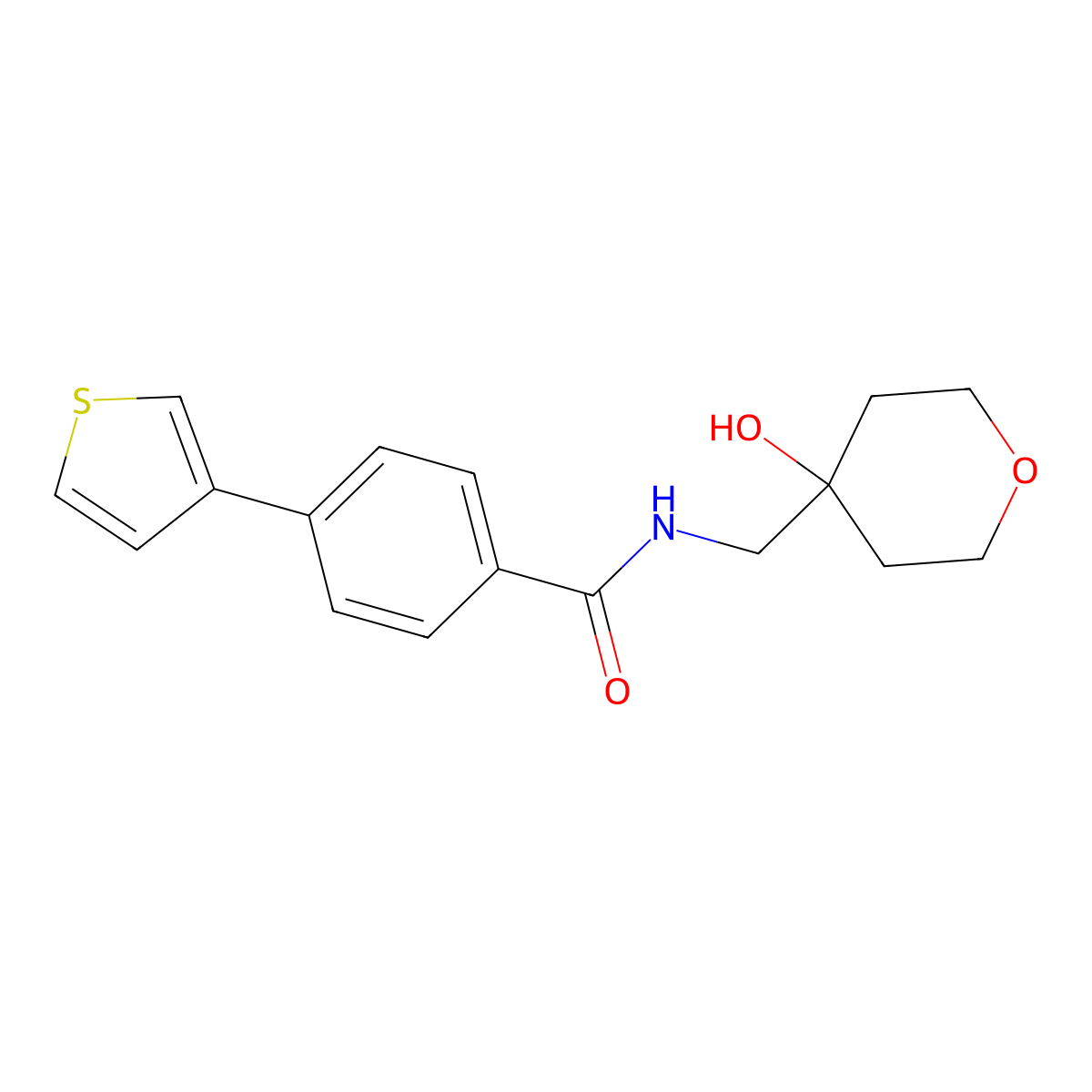 N-((4-hydroxytetrahydro-2H-pyran-4-yl)methyl)-4-(thiophen-3-yl)benzamide molecular structure, CAS 2034349-81-8