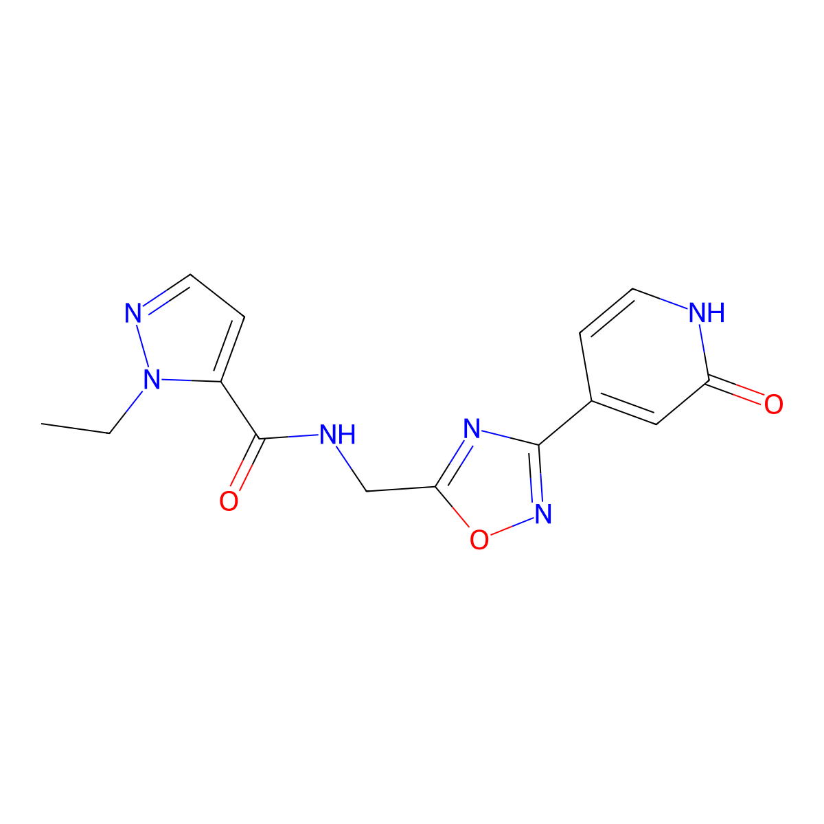 1-ethyl-N-((3-(2-oxo-1,2-dihydropyridin-4-yl)-1,2,4-oxadiazol-5-yl)methyl)-1H-pyrazole-5-carboxamide molecular structure, CAS 2034349-89-6