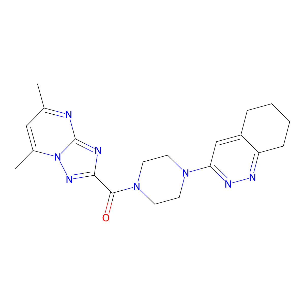 (5,7-Dimethyl-[1,2,4]triazolo[1,5-a]pyrimidin-2-yl)(4-(5,6,7,8-tetrahydrocinnolin-3-yl)piperazin-1-yl)methanone molecular structure, CAS 2034349-90-9