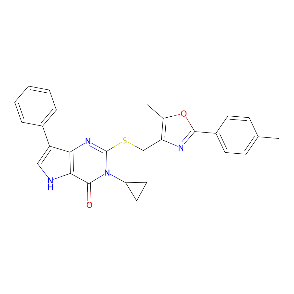 3-cyclopropyl-2-(((5-methyl-2-(p-tolyl)oxazol-4-yl)methyl)thio)-7-phenyl-3H-pyrrolo[3,2-d]pyrimidin-4(5H)-one molecular structure, CAS 2034349-91-0