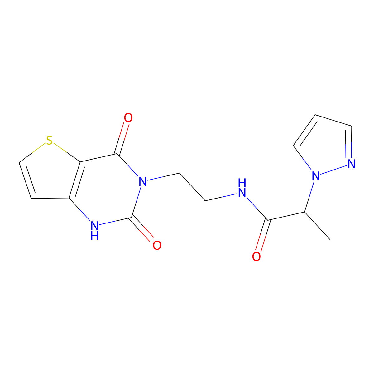 N-(2-(2,4-dioxo-1,2-dihydrothieno[3,2-d]pyrimidin-3(4H)-yl)ethyl)-2-(1H-pyrazol-1-yl)propanamide molecular structure, CAS 2034350-00-8