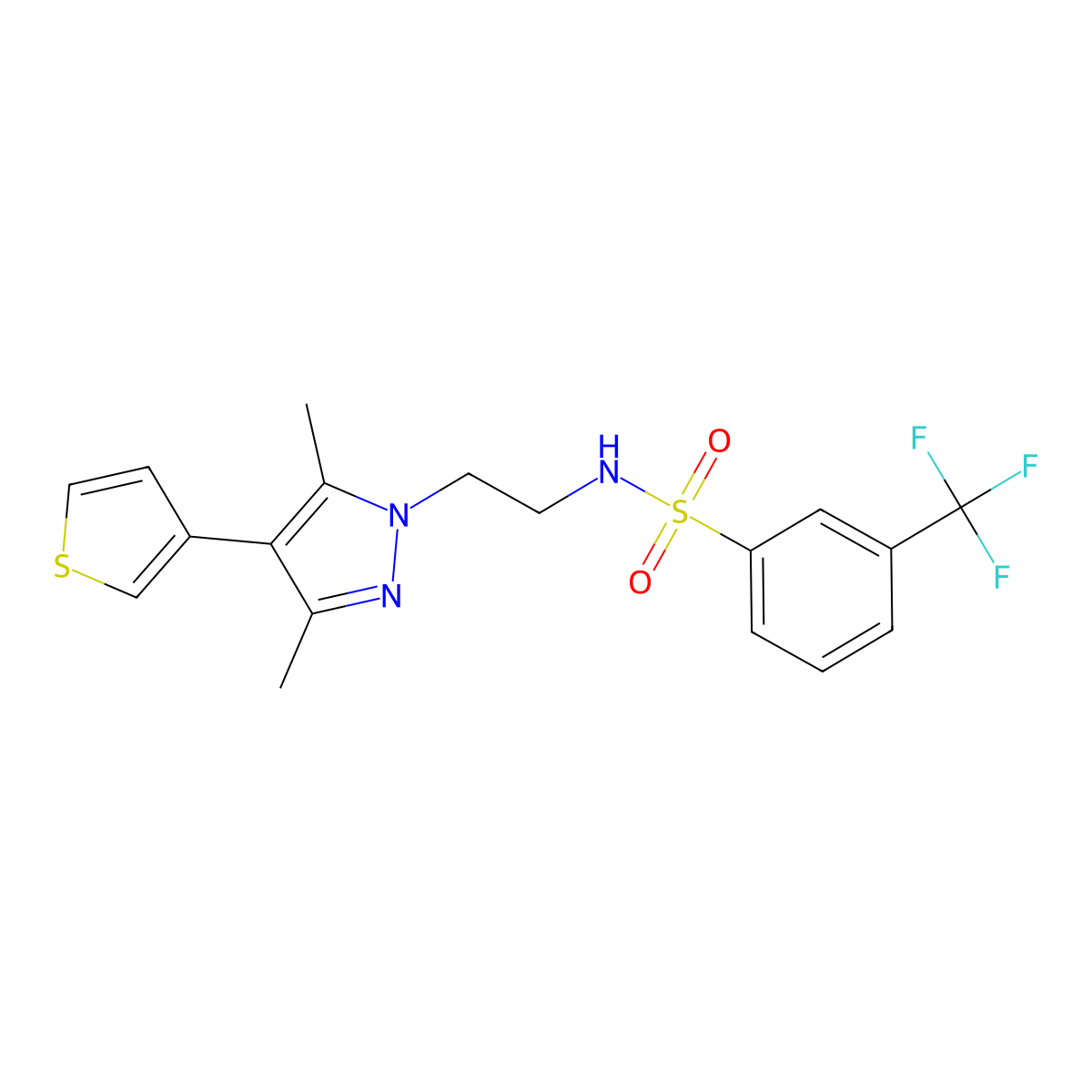 N-(2-(3,5-dimethyl-4-(thiophen-3-yl)-1H-pyrazol-1-yl)ethyl)-3-(trifluoromethyl)benzenesulfonamide molecular structure, CAS 2034350-15-5