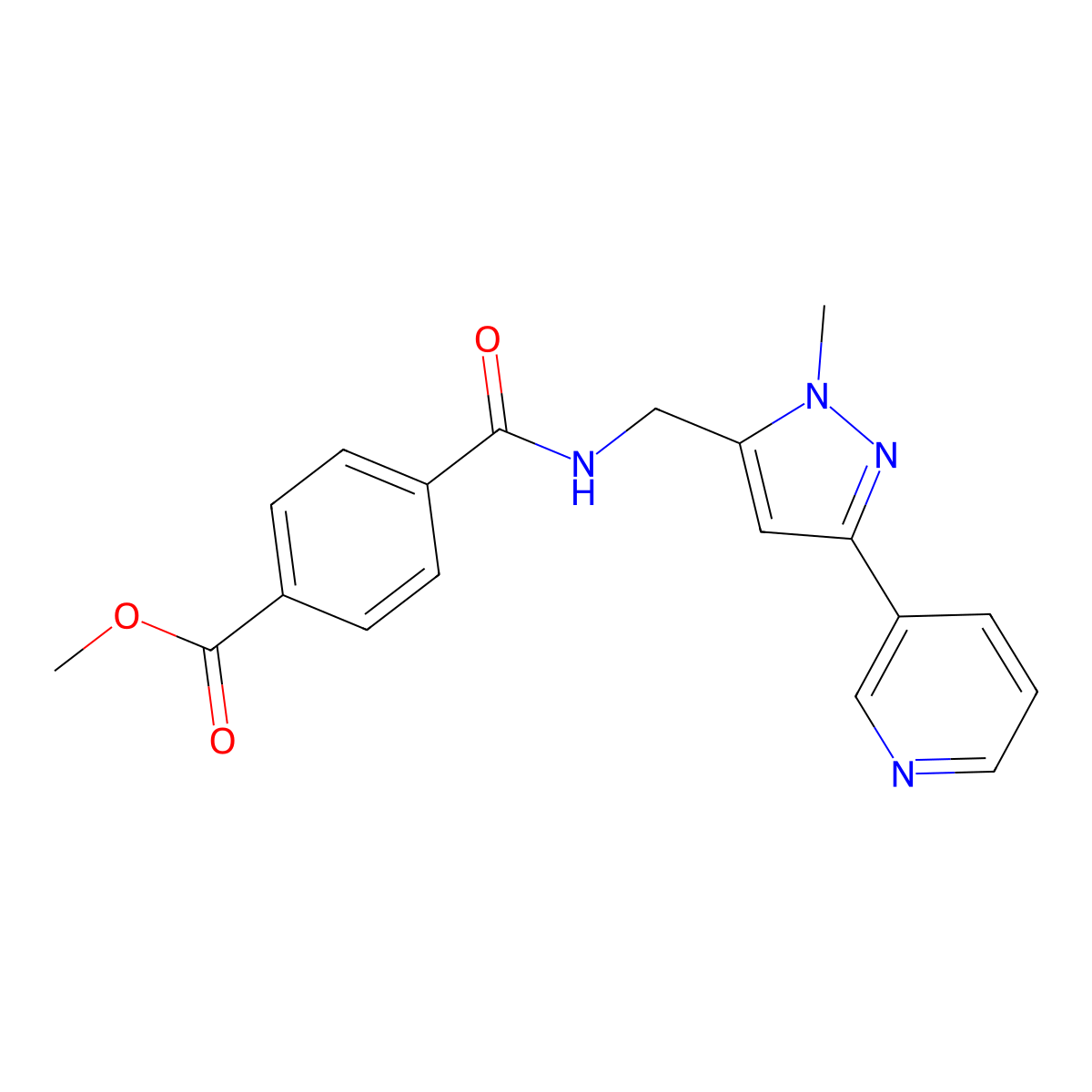 methyl 4-(((1-methyl-3-(pyridin-3-yl)-1H-pyrazol-5-yl)methyl)carbamoyl)benzoate molecular structure, CAS 2034350-19-9