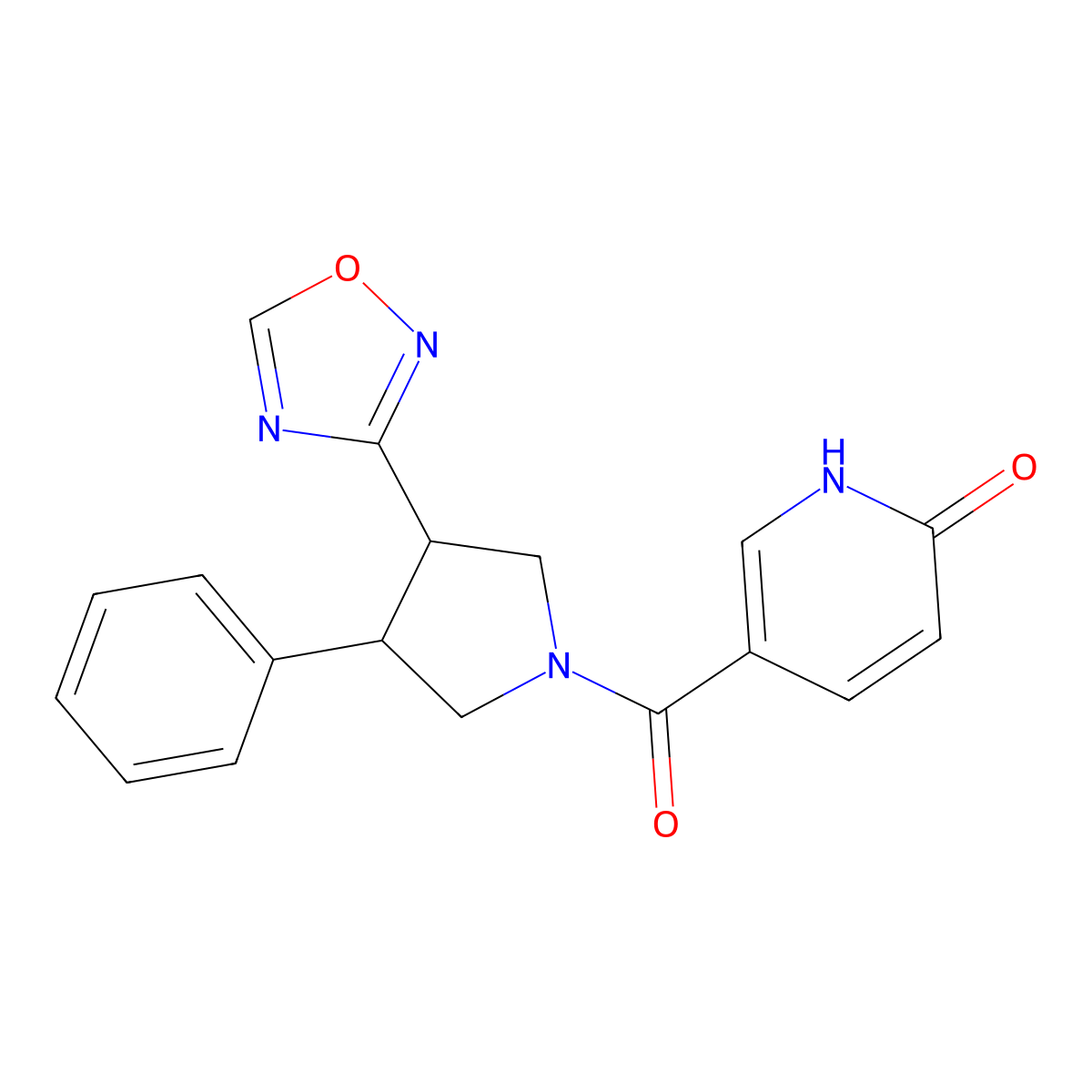 5-(3-(1,2,4-oxadiazol-3-yl)-4-phenylpyrrolidine-1-carbonyl)pyridin-2(1H)-one molecular structure, CAS 2034350-20-2