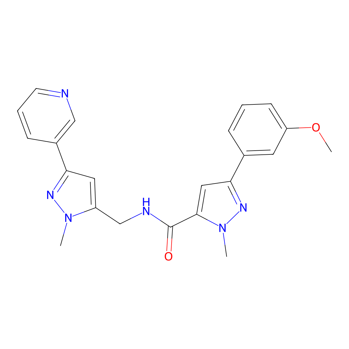 3-(3-methoxyphenyl)-1-methyl-N-{[1-methyl-3-(pyridin-3-yl)-1H-pyrazol-5-yl]methyl}-1H-pyrazole-5-carboxamide molecular structure, CAS 2034350-26-8