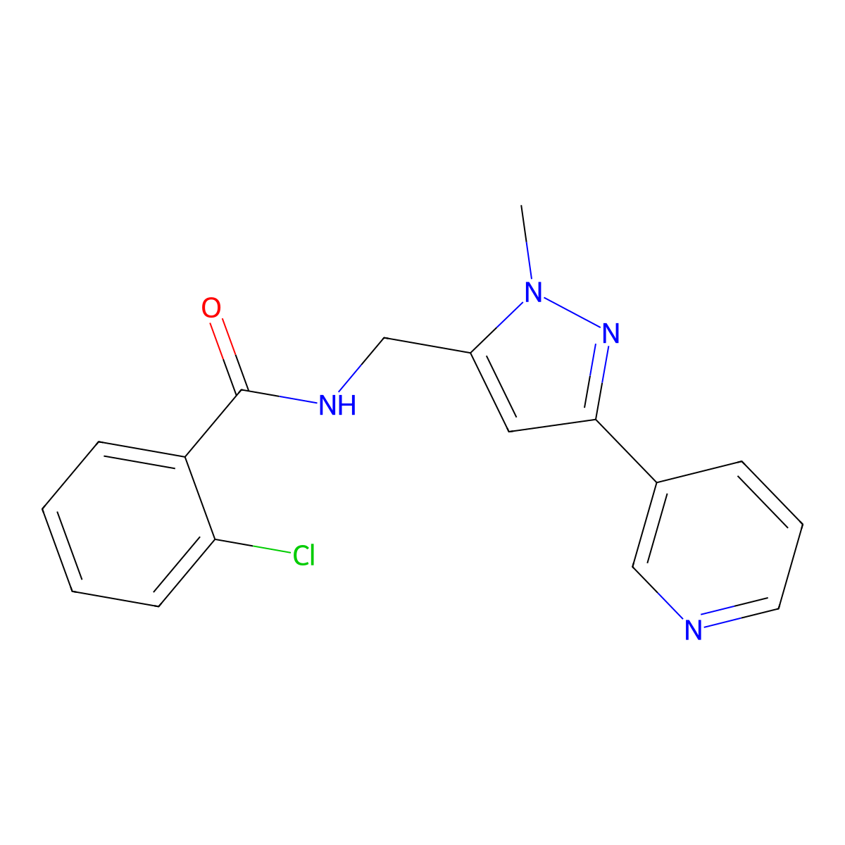 2-chloro-N-{[1-methyl-3-(pyridin-3-yl)-1H-pyrazol-5-yl]methyl}benzamide molecular structure, CAS 2034350-31-5