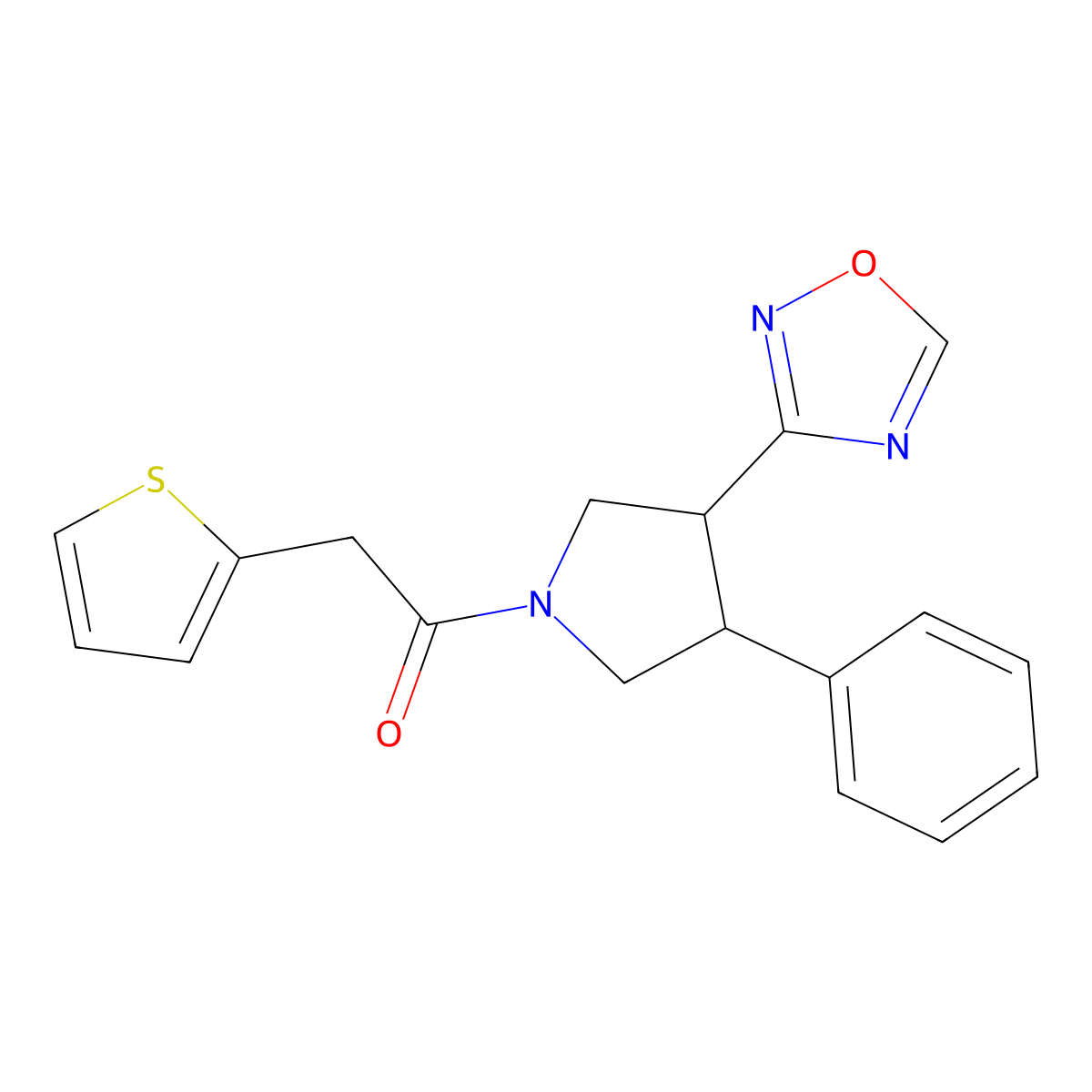 1-(3-(1,2,4-Oxadiazol-3-yl)-4-phenylpyrrolidin-1-yl)-2-(thiophen-2-yl)ethanone molecular structure, CAS 2034350-32-6