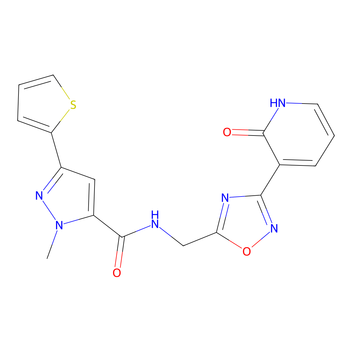 1-methyl-N-((3-(2-oxo-1,2-dihydropyridin-3-yl)-1,2,4-oxadiazol-5-yl)methyl)-3-(thiophen-2-yl)-1H-pyrazole-5-carboxamide molecular structure, CAS 2034350-43-9