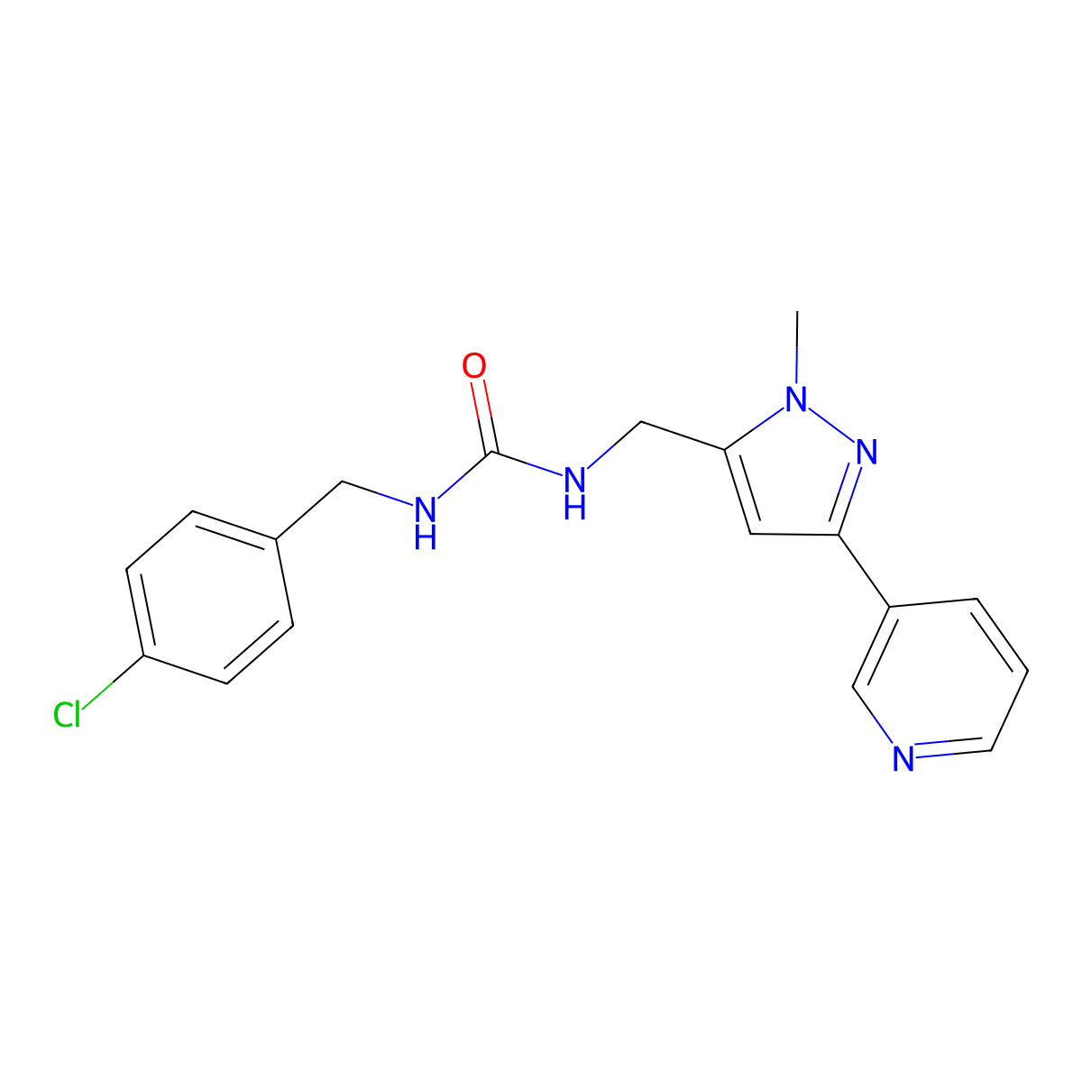 1-(4-chlorobenzyl)-3-((1-methyl-3-(pyridin-3-yl)-1H-pyrazol-5-yl)methyl)urea molecular structure, CAS 2034350-47-3