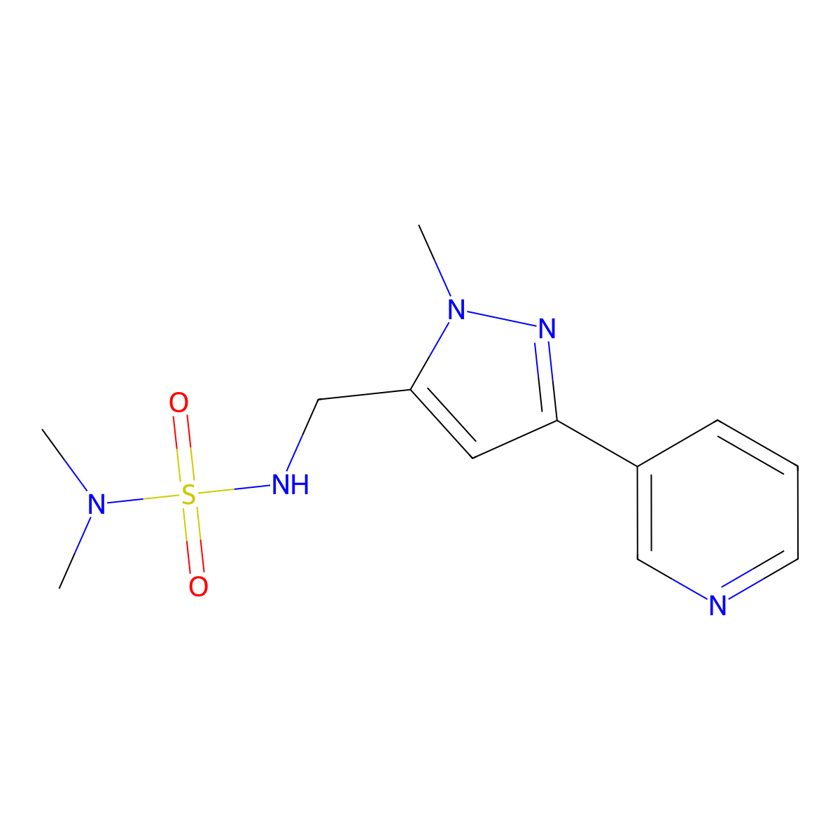 dimethyl({[1-methyl-3-(pyridin-3-yl)-1H-pyrazol-5-yl]methyl}sulfamoyl)amine molecular structure, CAS 2034350-60-0