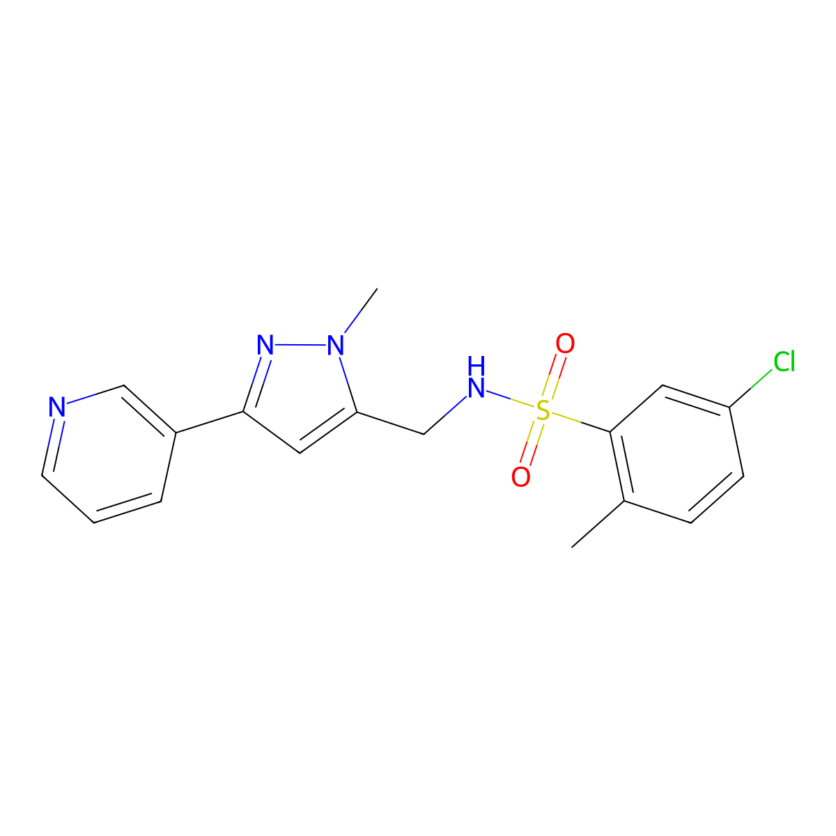 5-chloro-2-methyl-N-((1-methyl-3-(pyridin-3-yl)-1H-pyrazol-5-yl)methyl)benzenesulfonamide molecular structure, CAS 2034350-65-5