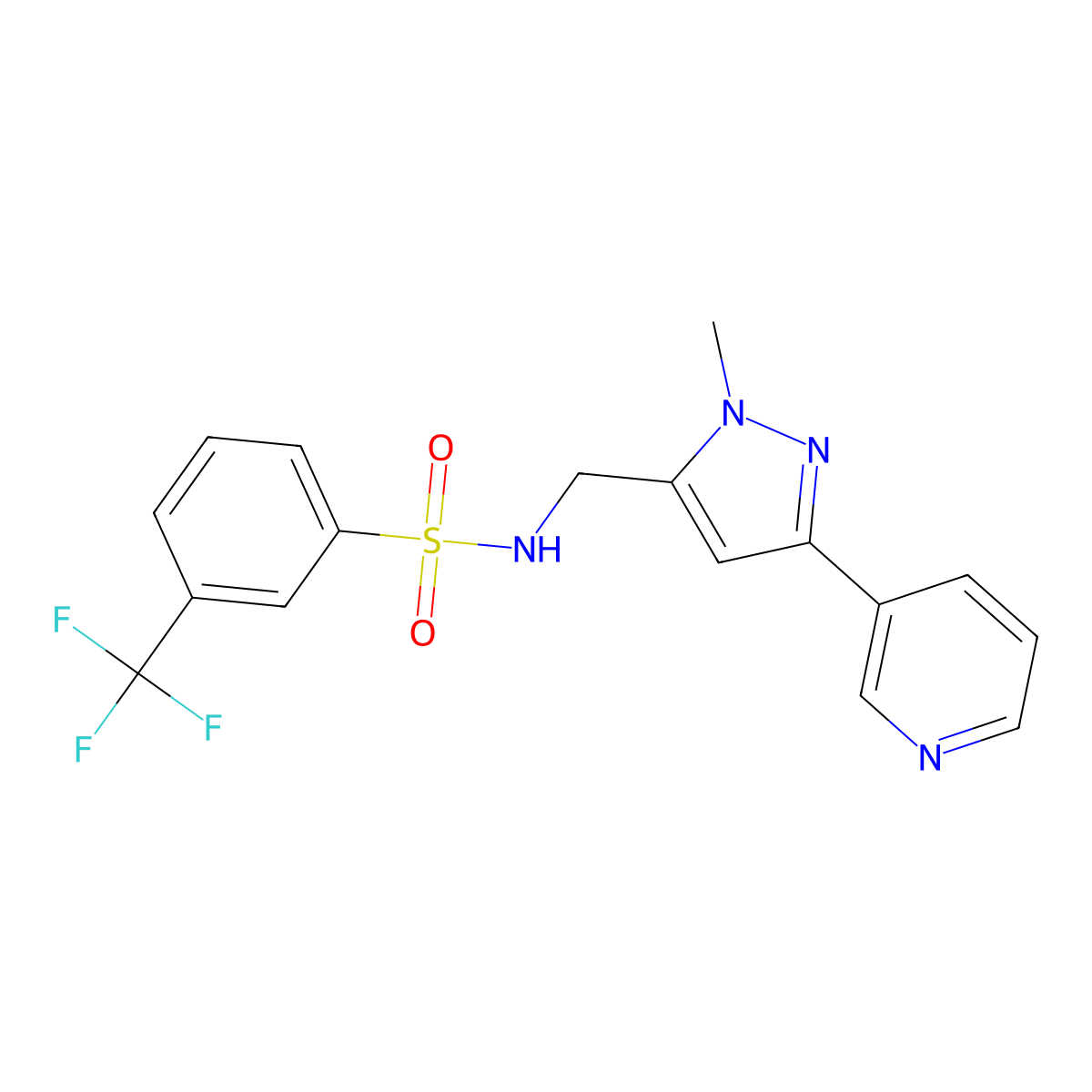 N-((1-methyl-3-(pyridin-3-yl)-1H-pyrazol-5-yl)methyl)-3-(trifluoromethyl)benzenesulfonamide molecular structure, CAS 2034350-71-3