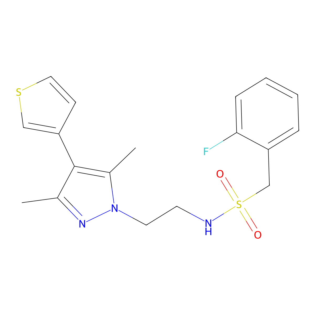 N-(2-(3,5-dimethyl-4-(thiophen-3-yl)-1H-pyrazol-1-yl)ethyl)-1-(2-fluorophenyl)methanesulfonamide molecular structure, CAS 2034350-78-0