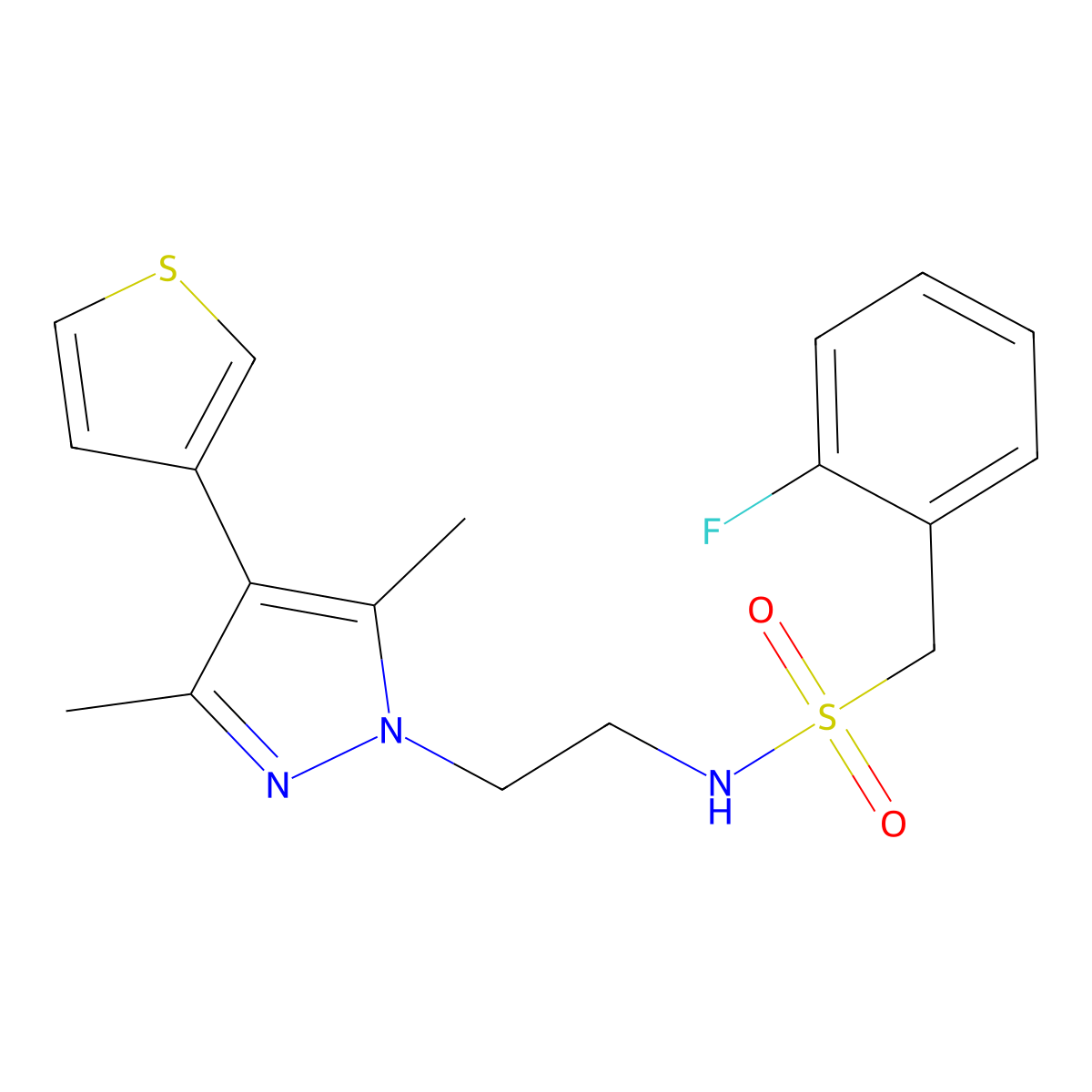 N-(2-(3,5-dimethyl-4-(thiophen-3-yl)-1H-pyrazol-1-yl)ethyl)-1-(2-fluorophenyl)methanesulfonamide molecular structure, CAS 2034350-78-0