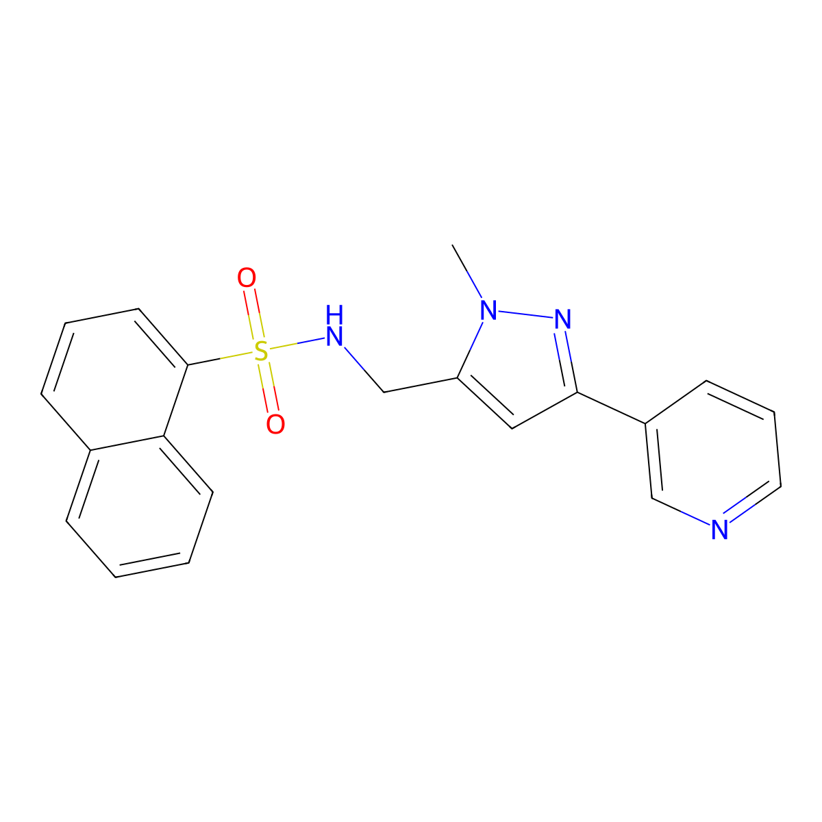 N-((1-methyl-3-(pyridin-3-yl)-1H-pyrazol-5-yl)methyl)naphthalene-1-sulfonamide molecular structure, CAS 2034350-79-1