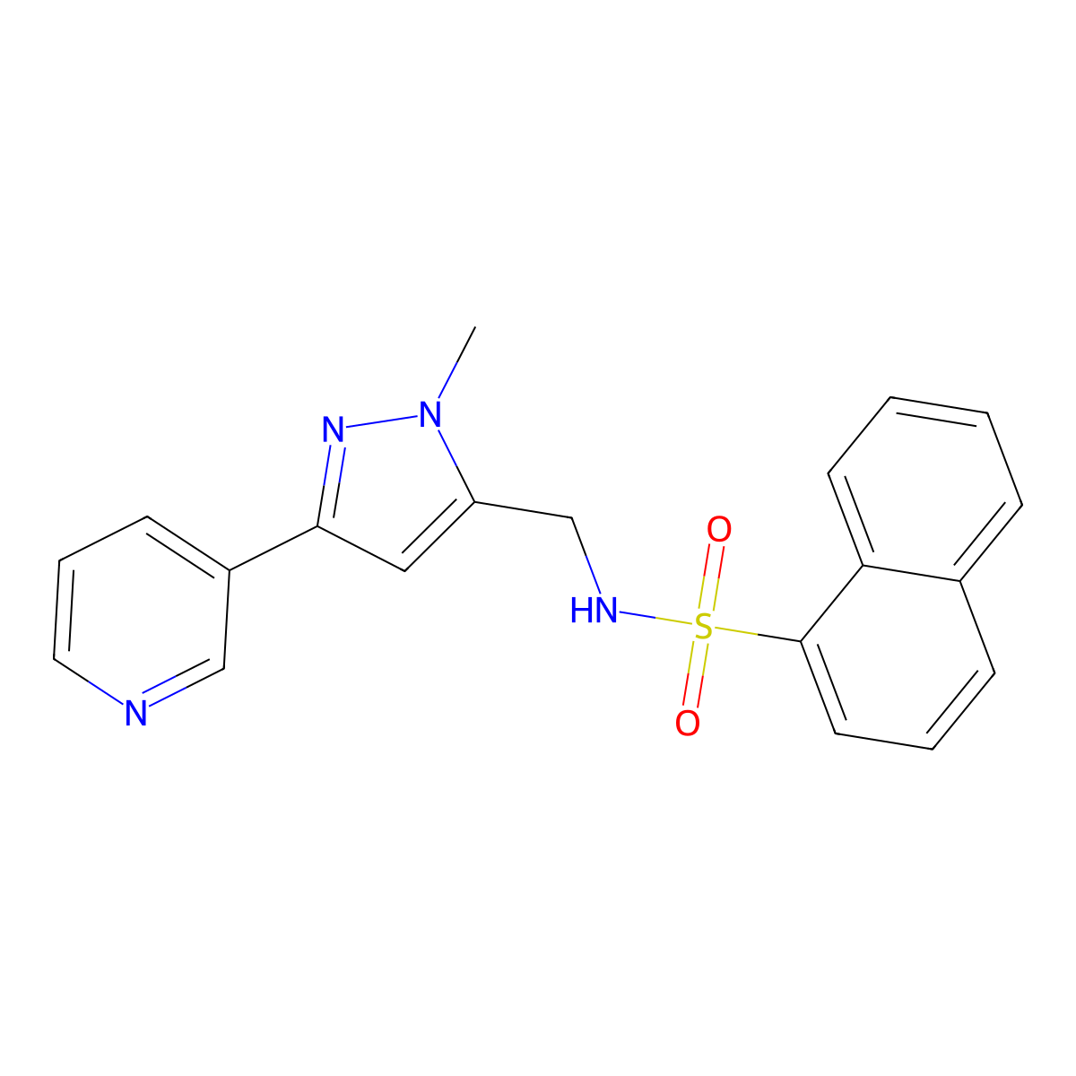 N-((1-methyl-3-(pyridin-3-yl)-1H-pyrazol-5-yl)methyl)naphthalene-1-sulfonamide molecular structure, CAS 2034350-79-1