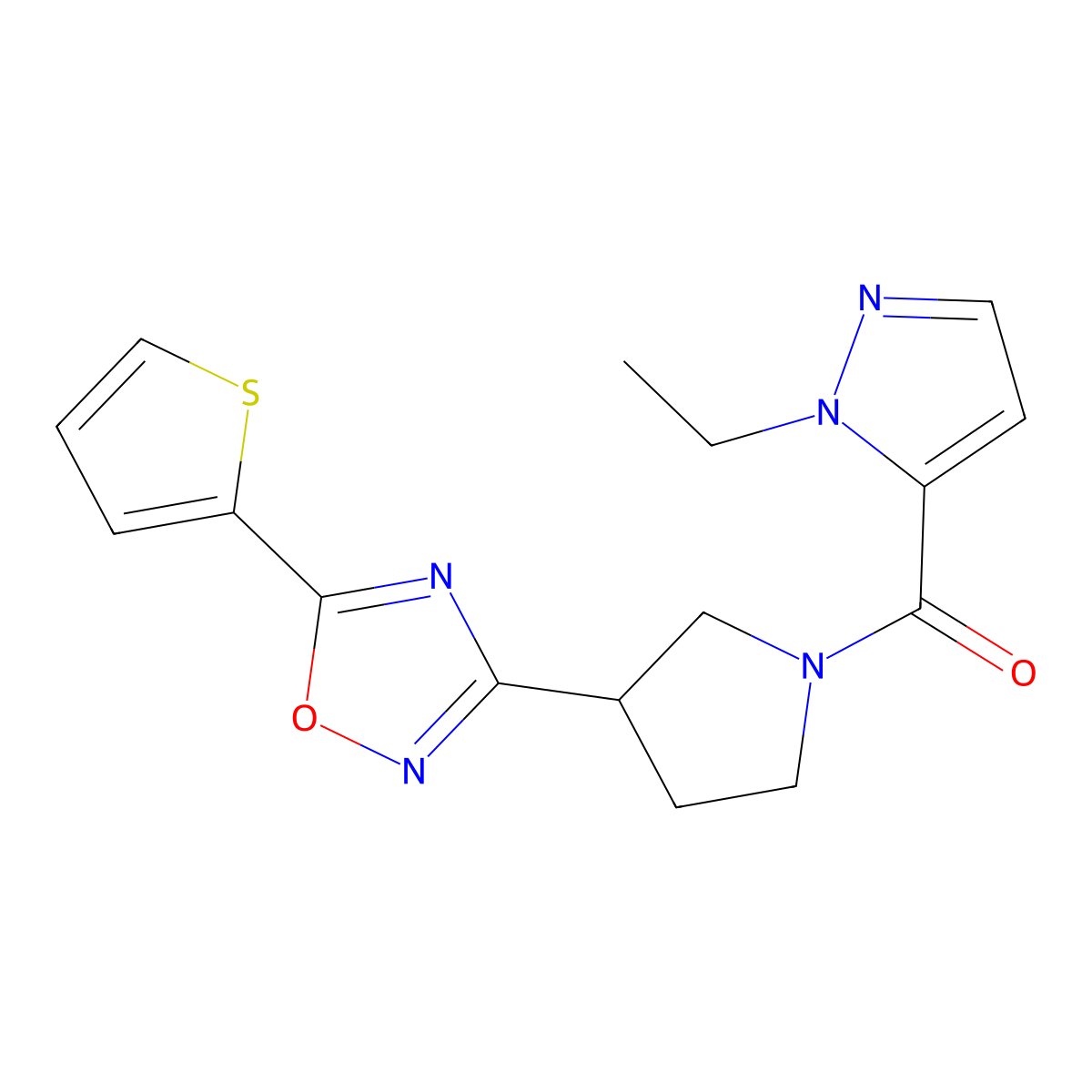 (1-ethyl-1H-pyrazol-5-yl)(3-(5-(thiophen-2-yl)-1,2,4-oxadiazol-3-yl)pyrrolidin-1-yl)methanone molecular structure, CAS 2034350-80-4